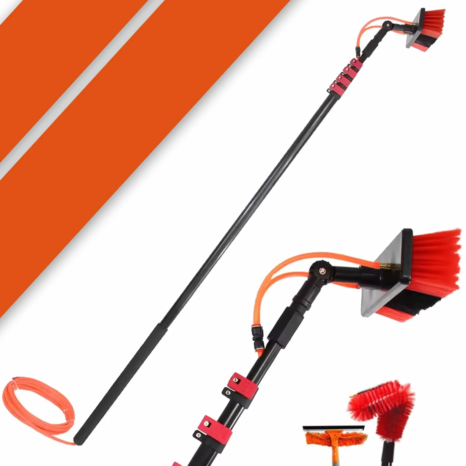Cepillo Escoba Extensible Agua a Presión, Limpiador de Ventanas, Paredes y Coches, Limpiador Panel Solar, Hidrolimpiadora con Accesorios Extra (7 Metros)