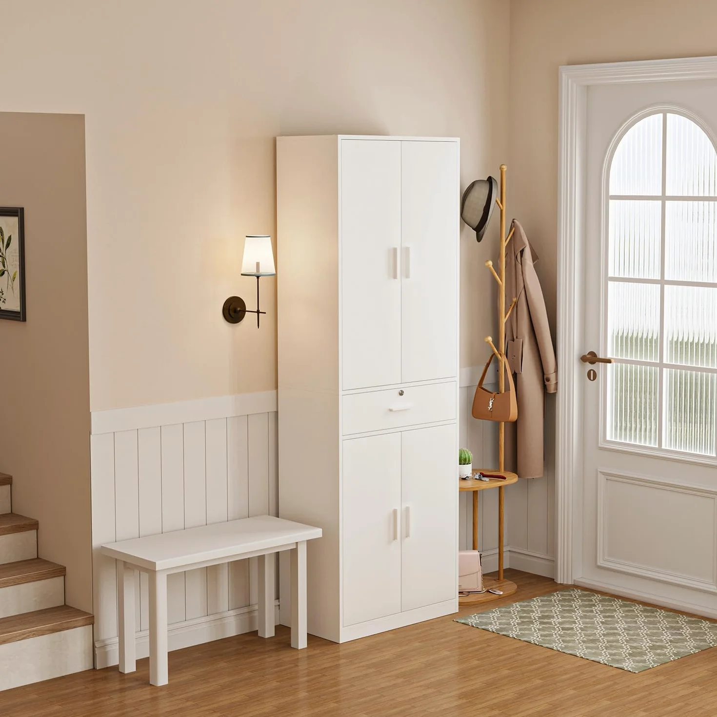 Armario de Oficina Multifuncional con llave Cajones y Cerradura, Blanco | Armario de Almacenamiento Multifuncional con 5 Niveles y Baldas Ajustables, Para salón, dormitorio despacho，60 x 180 x 34 cm