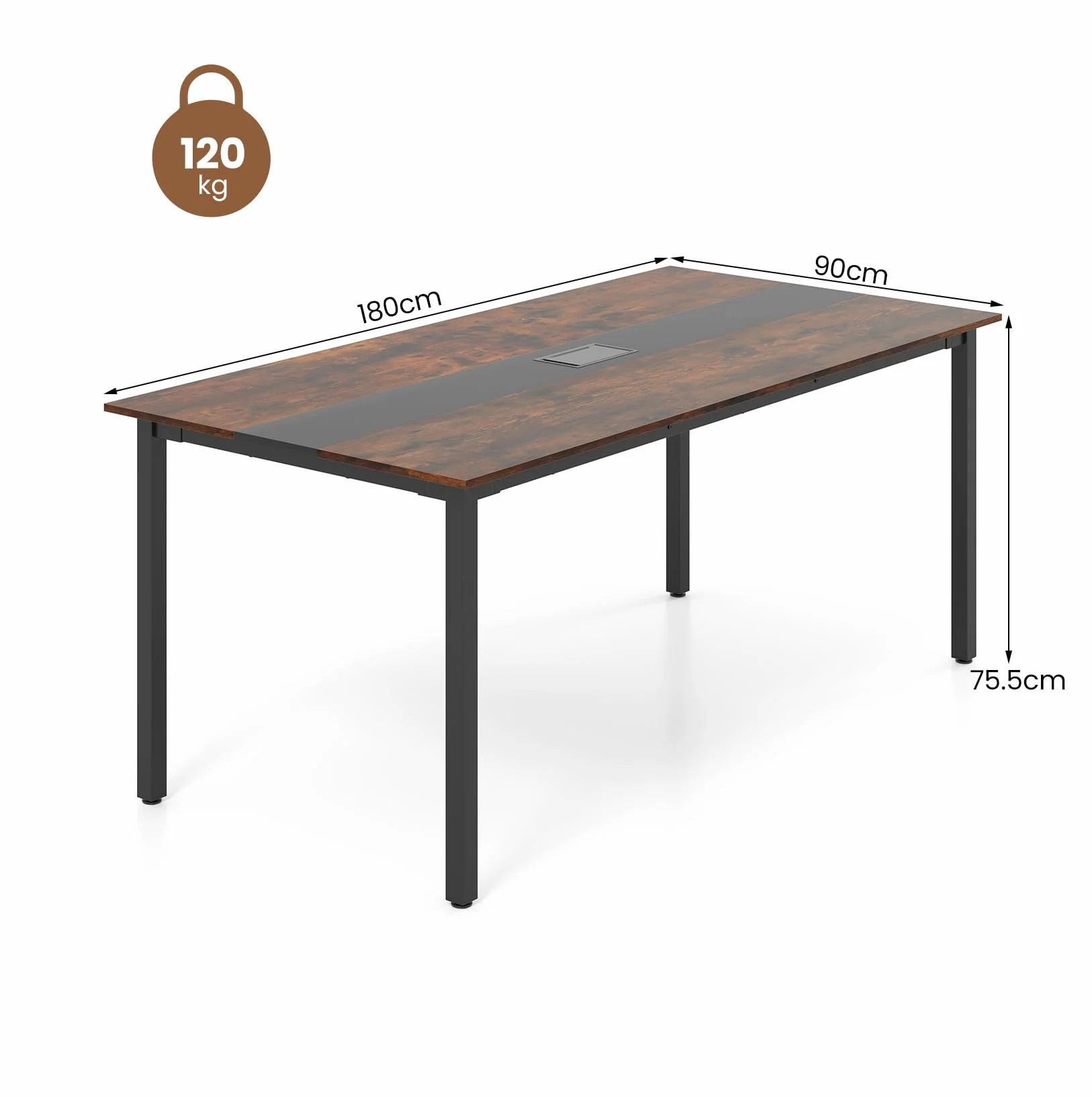 LIFEZEAL Mesa de Conferencias Rectangular, 180x90x75,5 cm, Mesa de Reuniones 8-10 Personas, Escritorio para Seminarios con Orificio para Cables, Tapa de Madera y Estructura Metálica, Estilo Industrial