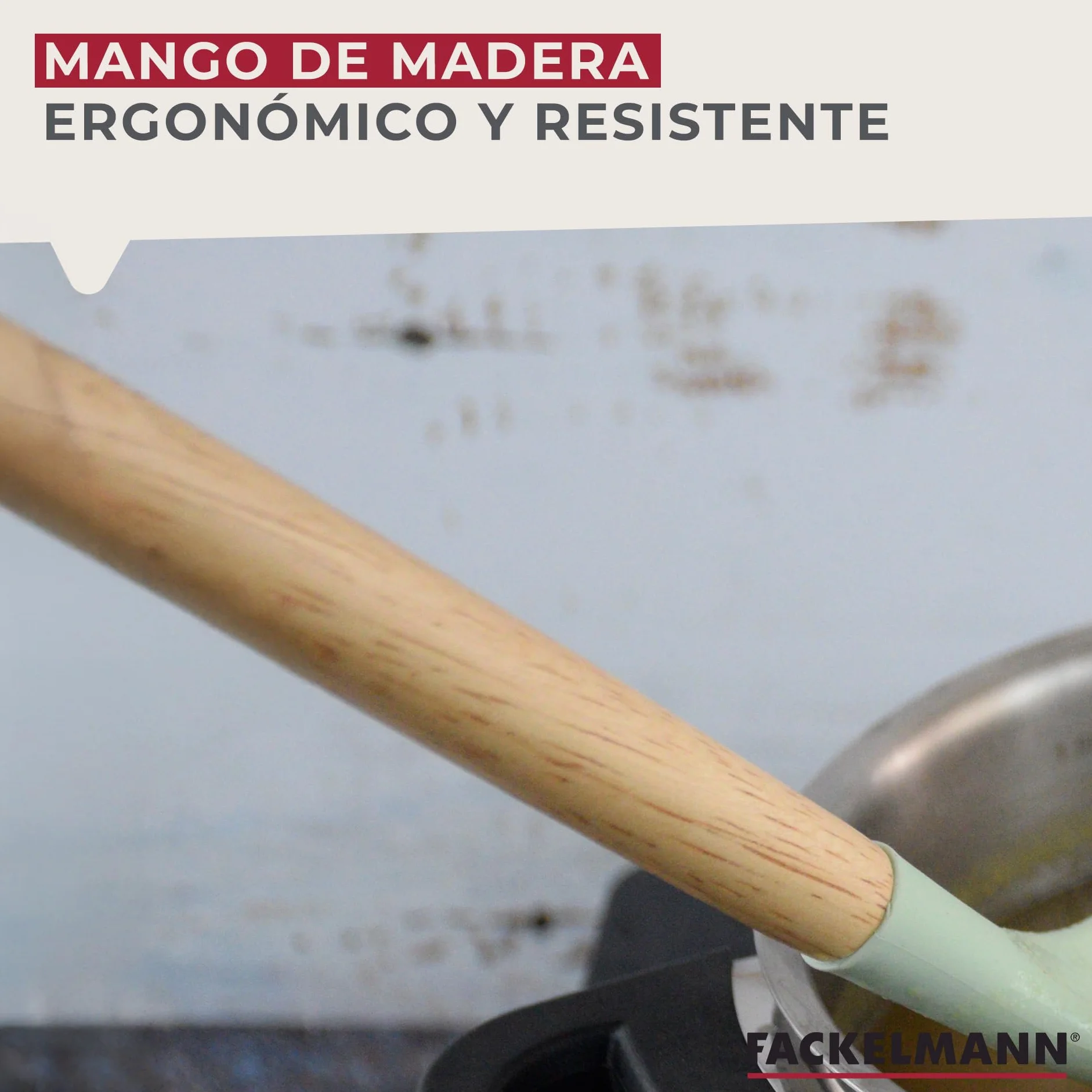 Fackelmann Ocean Espumadera de Silicona con Núcleo Rígido de Acero, Mango de Madera Ergonómico, 32x8 cm, Verde Agua