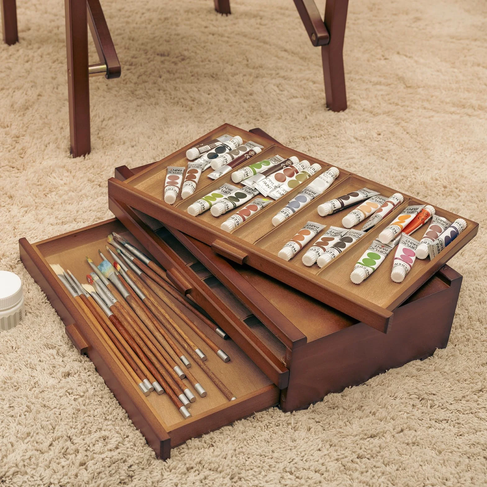 MEEDEN Pro Caja de almacenamiento para artistas, 3 cajones, madera maciza de haya, cajones organizadores portátiles para pasteles, lápices, bolígrafos, pinceles