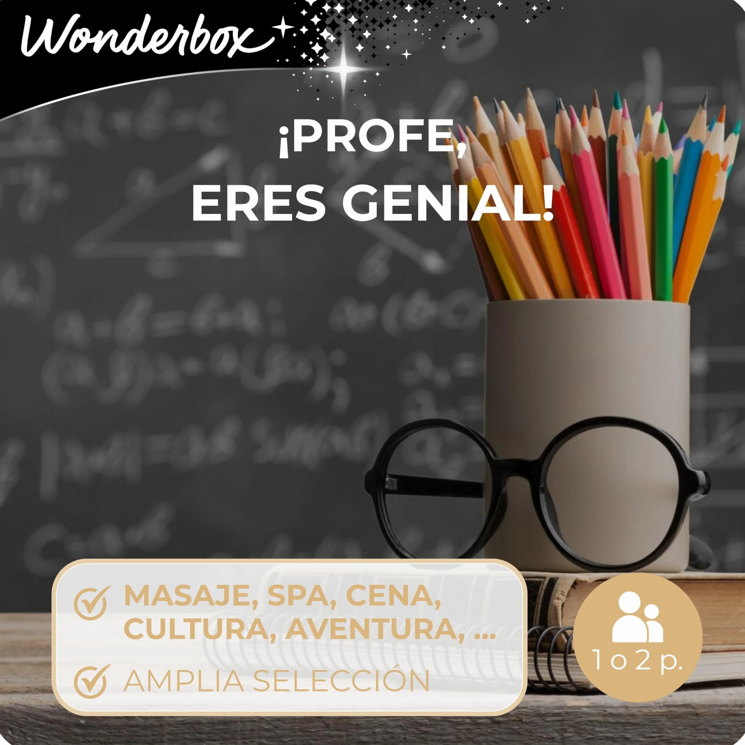 WONDERBOX - Caja Regalo - Profe Eres Genial - 1 Actividad a Elegir: Estancia, gastronomía, Actividad de Bienestar o de Aventura