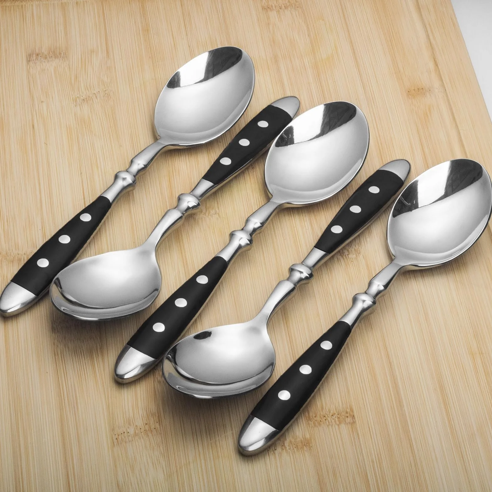 Alata Cucharas de sopa, 12 unidades, cucharadas de acero inoxidable, asas negras, cucharas de mesa pulidas con espejo, cubiertos para el hogar, restaurante, hotel, uso diario, serie Berlin