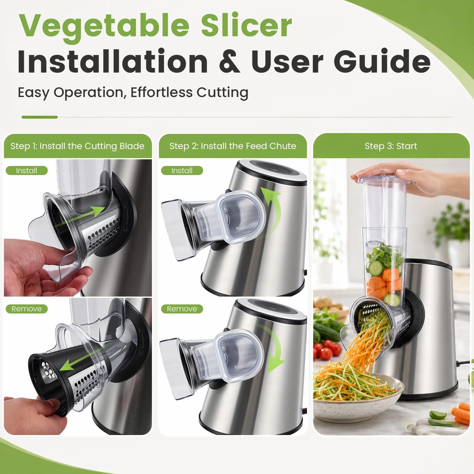 Rallador Eléctrico Profesional 5 en 1, 800 W con 5 Conos en Acero Inoxidable, Cortador y Picadora Multifunción con Apertura Grande de 9 cm para Frutas, Verduras, Queso, Nueces, Zanahorias, Gris