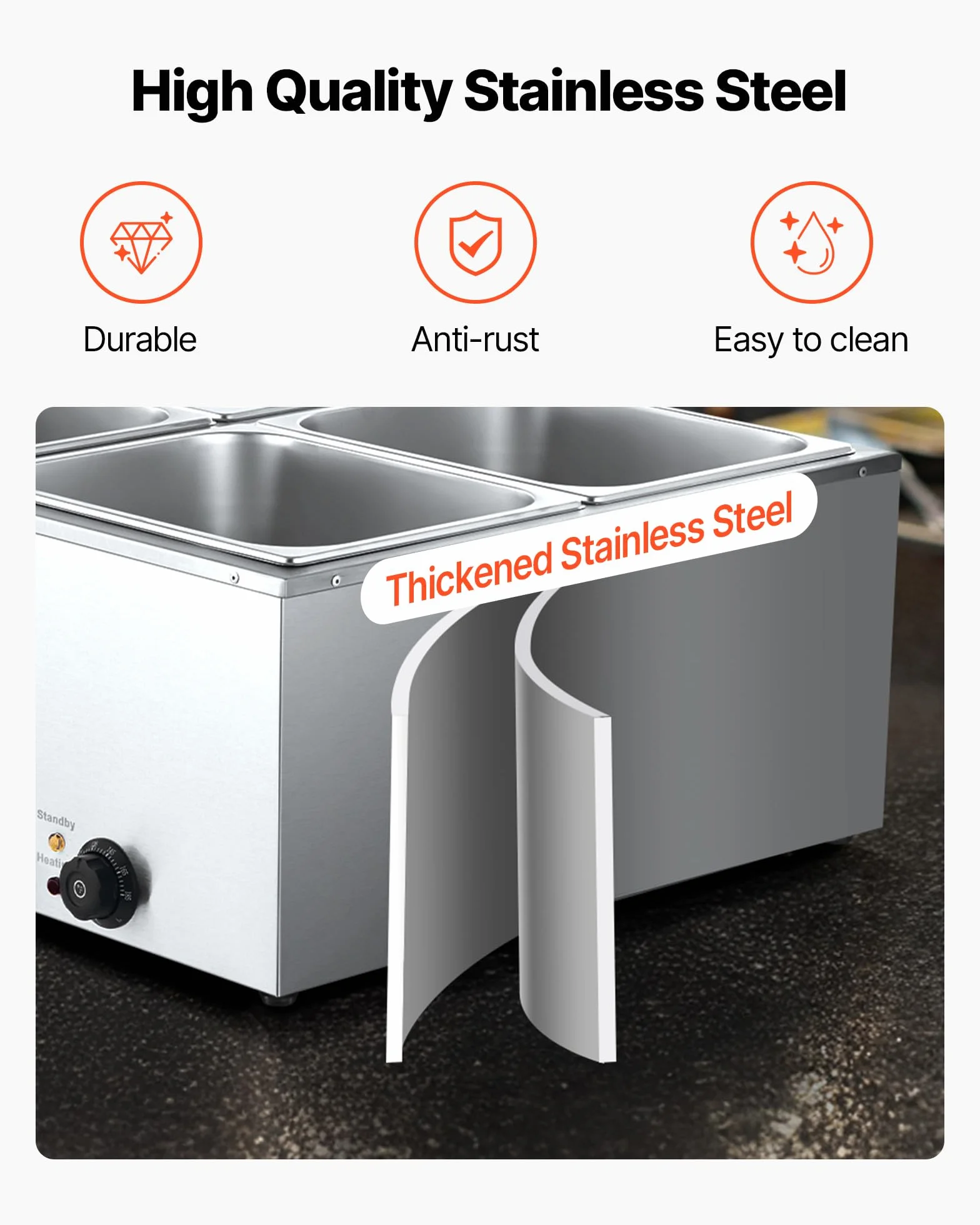 VEVOR Calentador de Alimentos 1500 W Acero Inoxidable 4 Bandejas Baño María