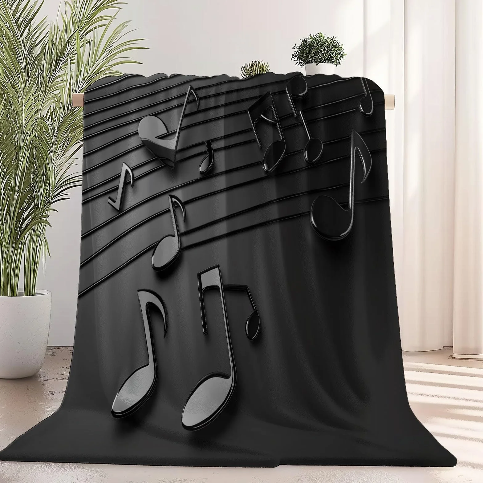 Manta de franela con diseño de música y notas musicales, rayas espectrales, símbolos, manta polar franela, suave y caliente, color negro, para niños, adultos, regalo para amigos, familia, sofá cama