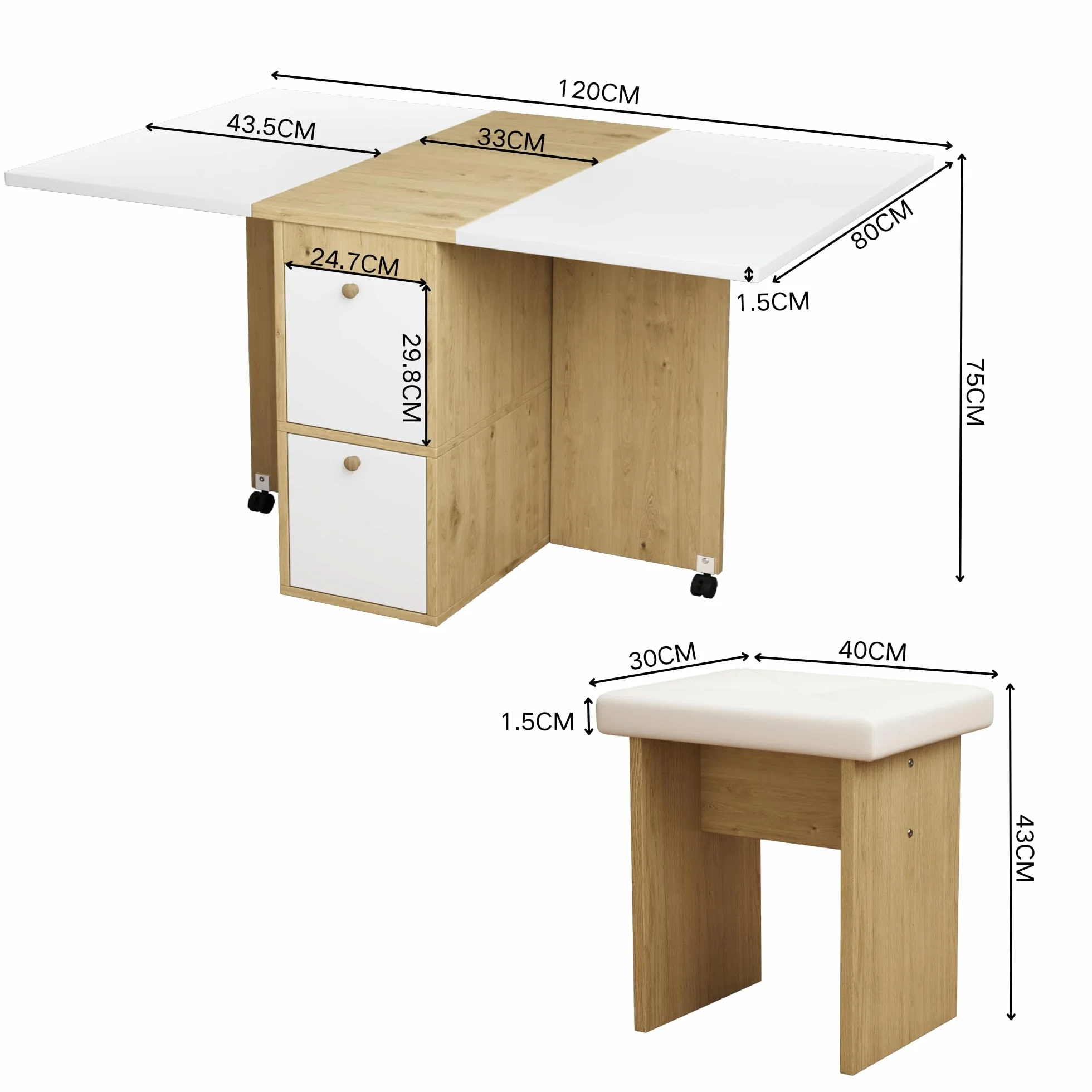 Juego de Comedor Mesa y 4 Sillas, Mesa de Comedor Plegable con Sillas, 120x80x75 cm Juego de Mesa de Comedor Rectangular Extensible con 4 Sillas Cocina, con Función de Almacenamiento (Blanco)