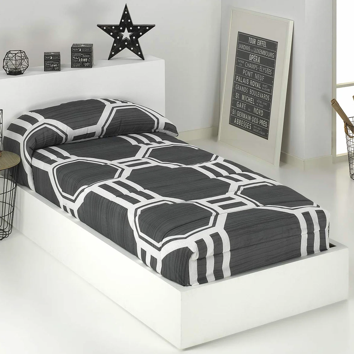 Lanovenanube Edredón Ajustable Marcela Cama 90cm Gris Estampado geométrico | Edredón ajustable microfibra tacto melocotón, 250 gr, elástico inferior, válido 190-200 cm, no incluye cojín