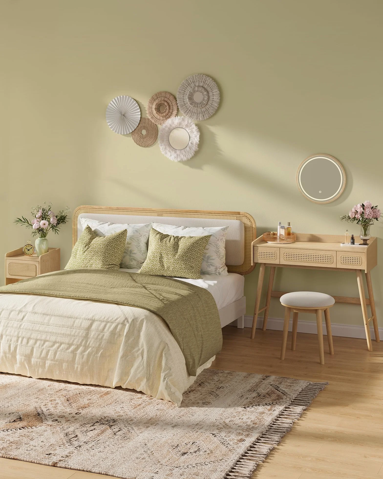 SONGMICS HOME BOHOVEN Colección - Taburete de Tocador, Taburete Tapizado con Patas de Madera Maciza, Reposapiés Redondo, Almohadillas Pies, Estilo Bohemio, para Dormitorio, Blanco Crema y Beige Roble
