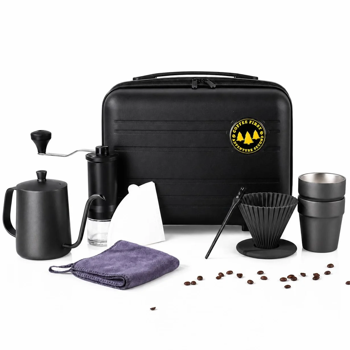 Juego de Molinillo de Café Manual con Cafetera Cuello de Cisne | Filtro de Mano Gotero, Filtro de Café, Para Camping y Viaje, Incluye Maletín