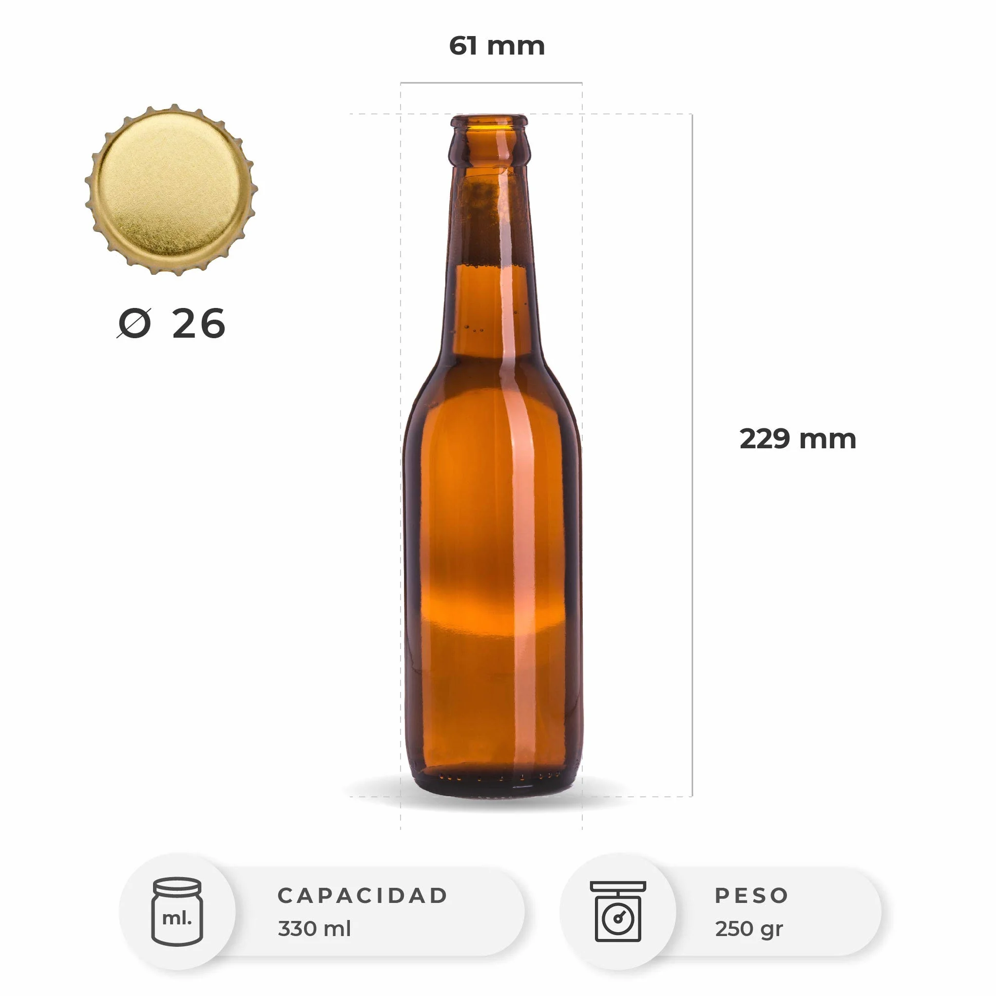 Botellas vacias de cerveza 33cl reutilizables con chapa incluidas | kit 20 botellines y 200 chapas para elaborar cervezas artesana | Pack de botella elaboracion artesanal en casa