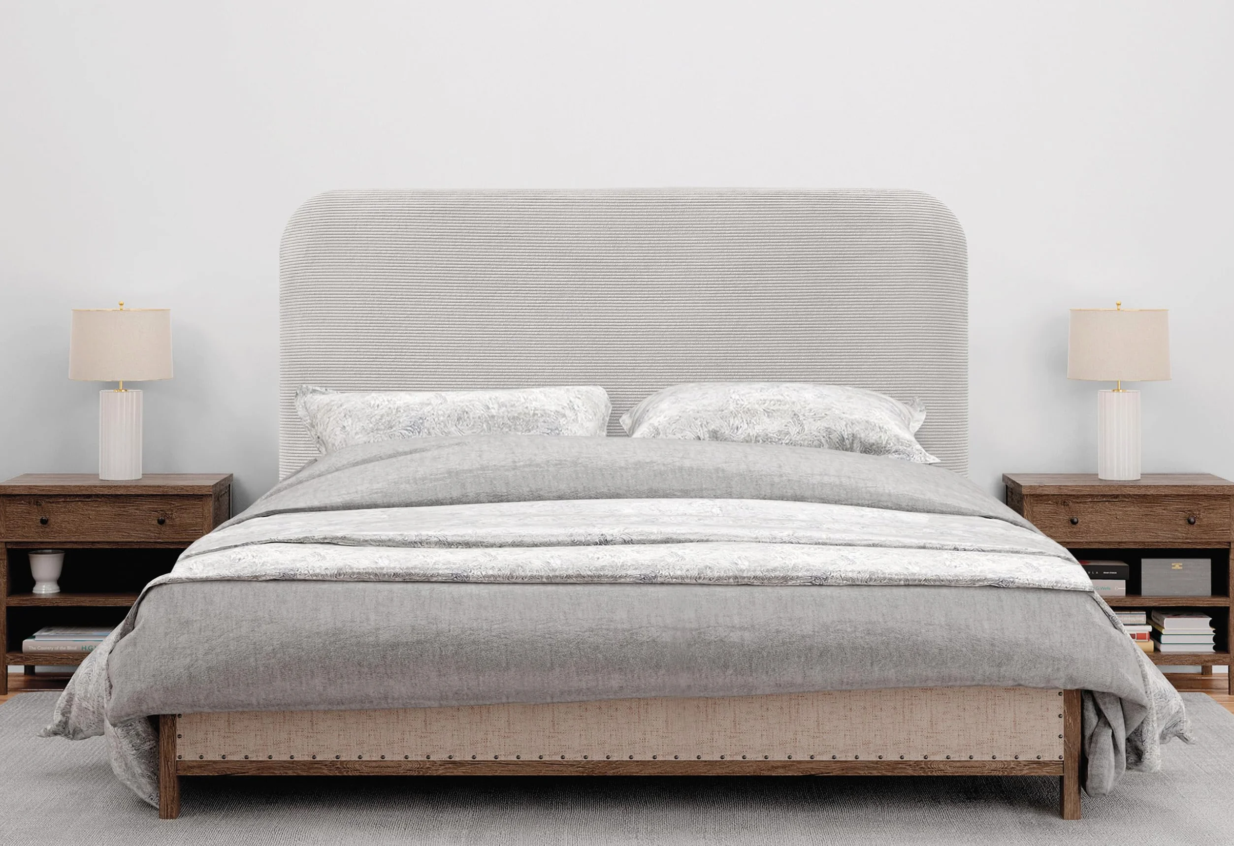 DHOME Cabecero Tapizado Liso Curvo Pana Premium 70cm Altura para Pared Acústicos Cabeceros Absorbentes Cabezal Cama Dormitorio (Blanco Hueso, 145cm)