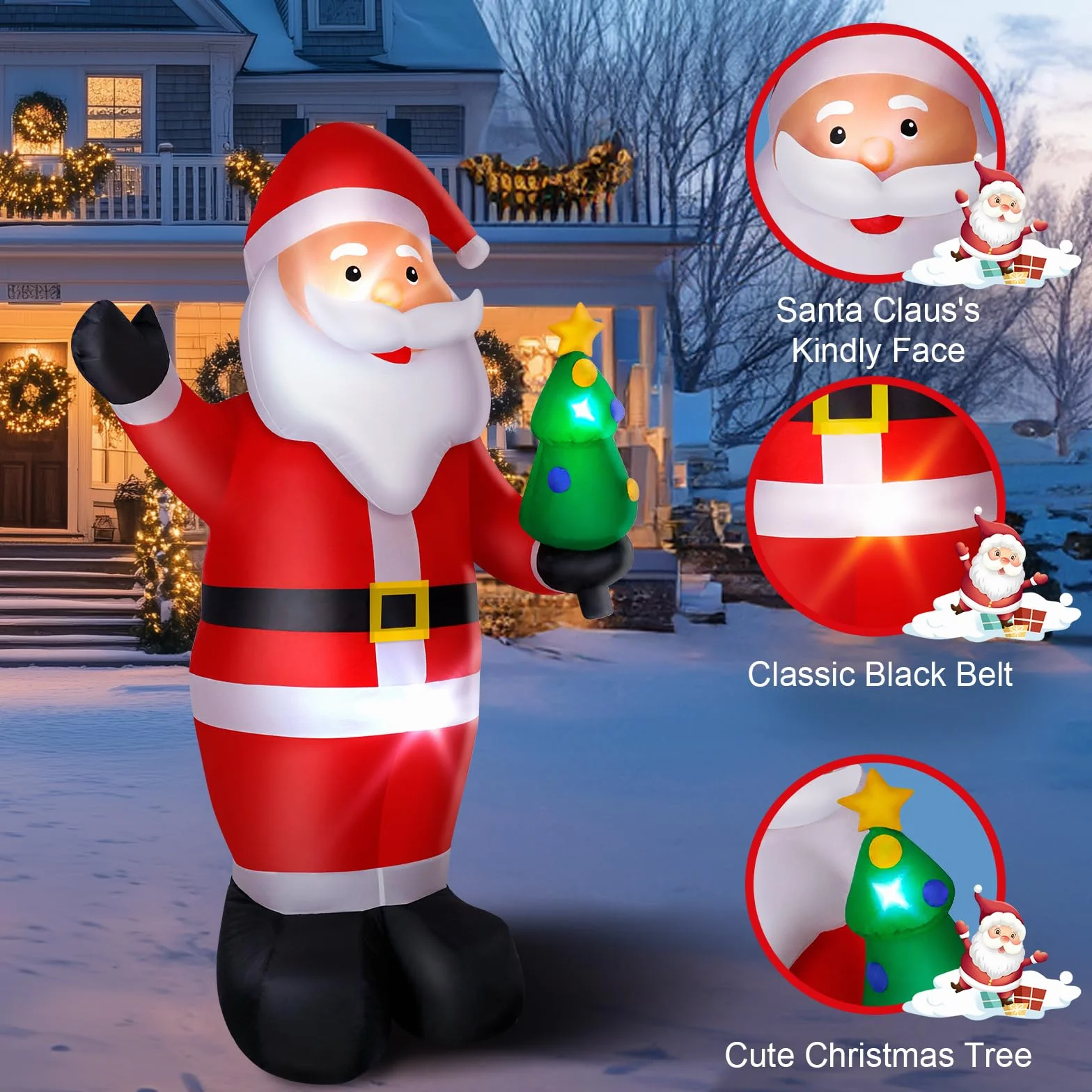 Papá Noel Inflable, 244cm Santa Claus Hinchable con Luces LED, Inflador Eléctrico Decoración Navideña para Interiores Exteriores, IP44 Impermeable -1000mAh/12W