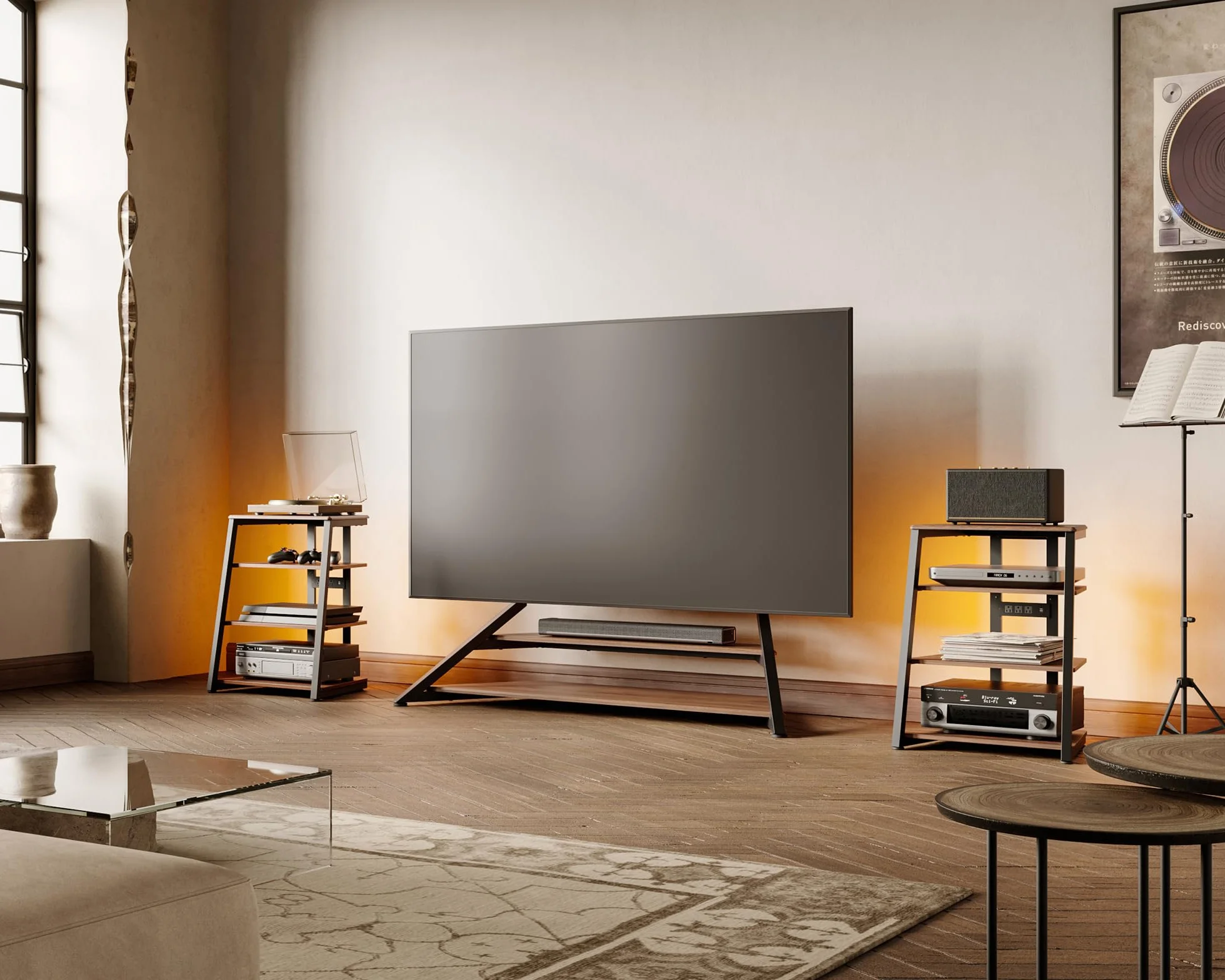 FITUEYES DESIGN HIFI - Soporte con iluminación LED y tomas, estantes de madera 4 niveles, 50 kg, 61 x 52 x 78 cm, serie Eiffel