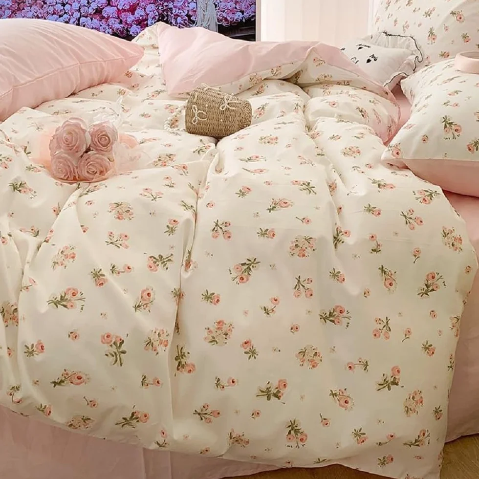 Lanqinglv Ropa de cama de 200 x 220 cm, color rosa y blanco con flores y hojas, reversible, para alérgicos, juego de ropa de cama Aesthetic ÖKO-TEX con funda nórdica con cremallera y 2 fundas de
