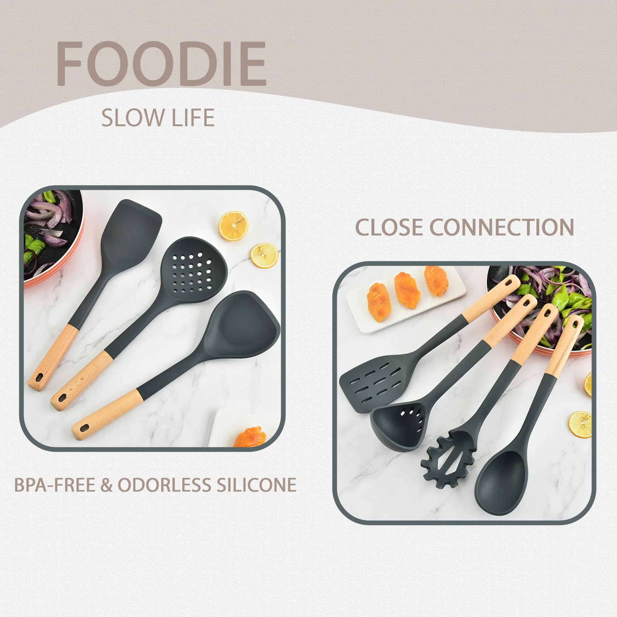 Juego de 7 utensilios de cocina con mango de madera, cabeza de silicona antiarañazos + nailon resistente al calor (cuchara ranurada, cuchara sólida, colador para pasta, espátula) para utensilios de