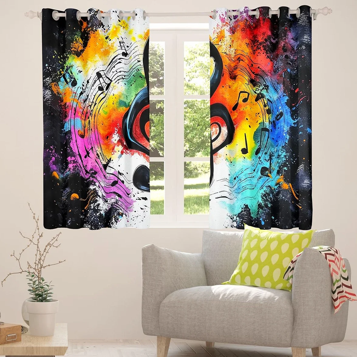 Cortinas de ventana para niños, diseño de graffiti teñido anudado, moderno, para niños y niñas, tema de música hip pop, rock, negro, blanco, tratamiento de ventana, juego de 2 paneles con