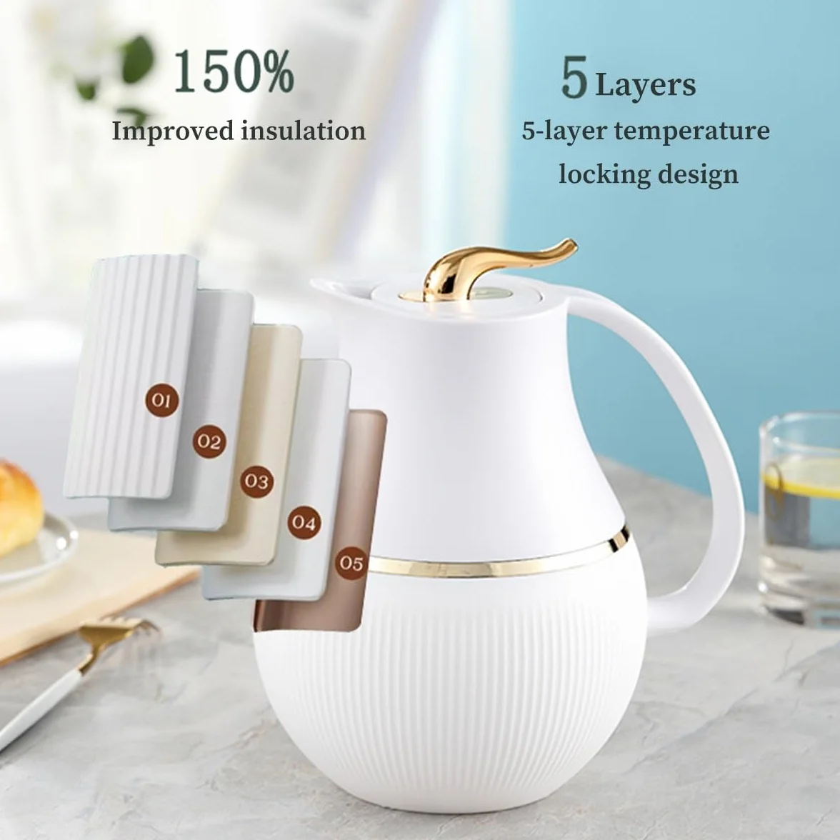 Jarra Térmica 1 Litro Hervidores Al Vacío Aislados Jarras De Café Termo De Vacío Para Mantener El Líquido Caliente Y Frío, Mantiene Caliente 24 Horas(/White)