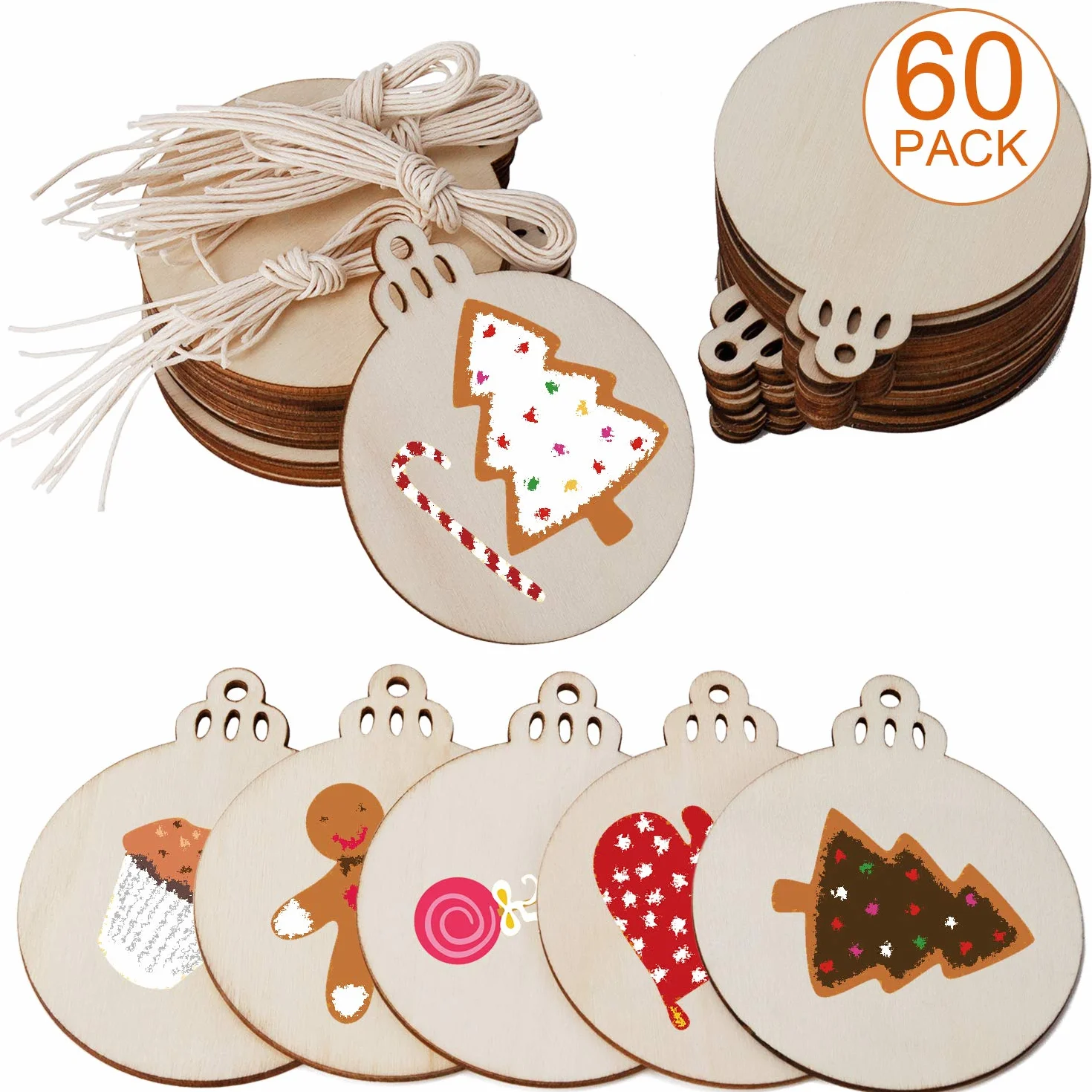 SAVITA Bola de Navidad madera 60 unidades discos redondos decoraciones árbol navideño pintar bricolaje