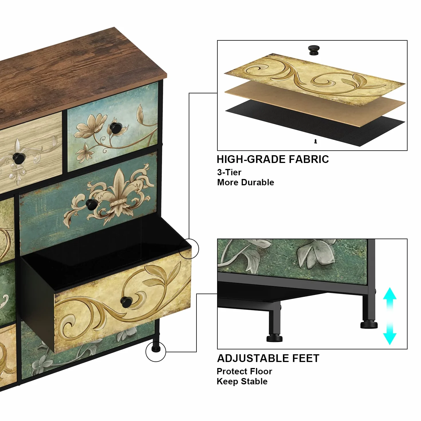 VEDECASA Cómoda con 9 cajones, cómoda para dormitorio, cajonera industrial con estructura metálica, superficie de madera y cajones de tela, para salón, habitación infantil, pasillo, estilo rústico