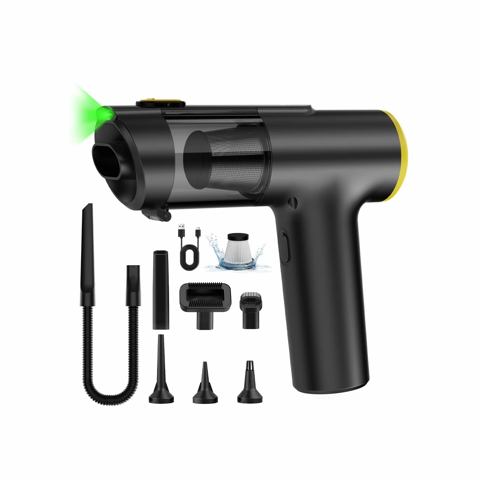 Aspiradora de Mano sin Cable 28000Pa,Mini Aspiradora Portátil para Coche,hasta 60 Min,3 en 1 Aspirar/Soplar/Inflar,Pantalla LED y Luz Verde,Motor Brushless,Hogar,Oficina y Pelo de Mascotas