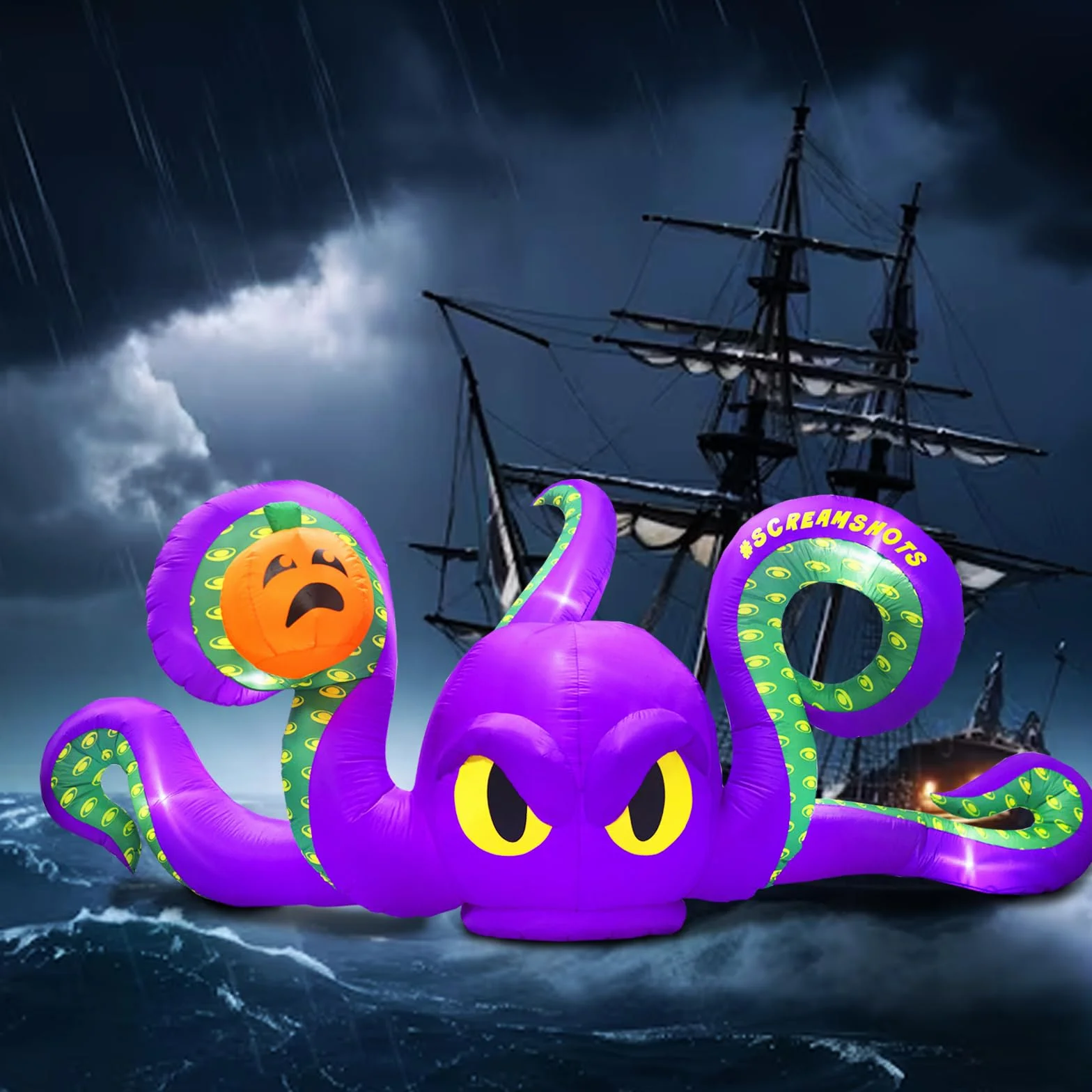 Pulpo Inflable Gigante Violeta de 360 cm, Calabaza pegajosa, con 7 Luces LED integradas, Pulpo Inflable para Fiestas de Halloween al Aire Libre, Patio, jardín, decoración de césped