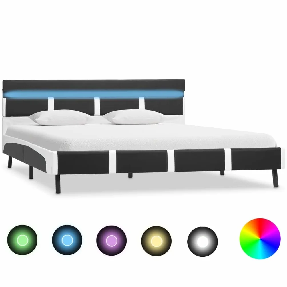 Estructura de cama con LED y piel sintética, 140 x 200 cm, moderna, color gris y blanco, para jóvenes y dormitorios