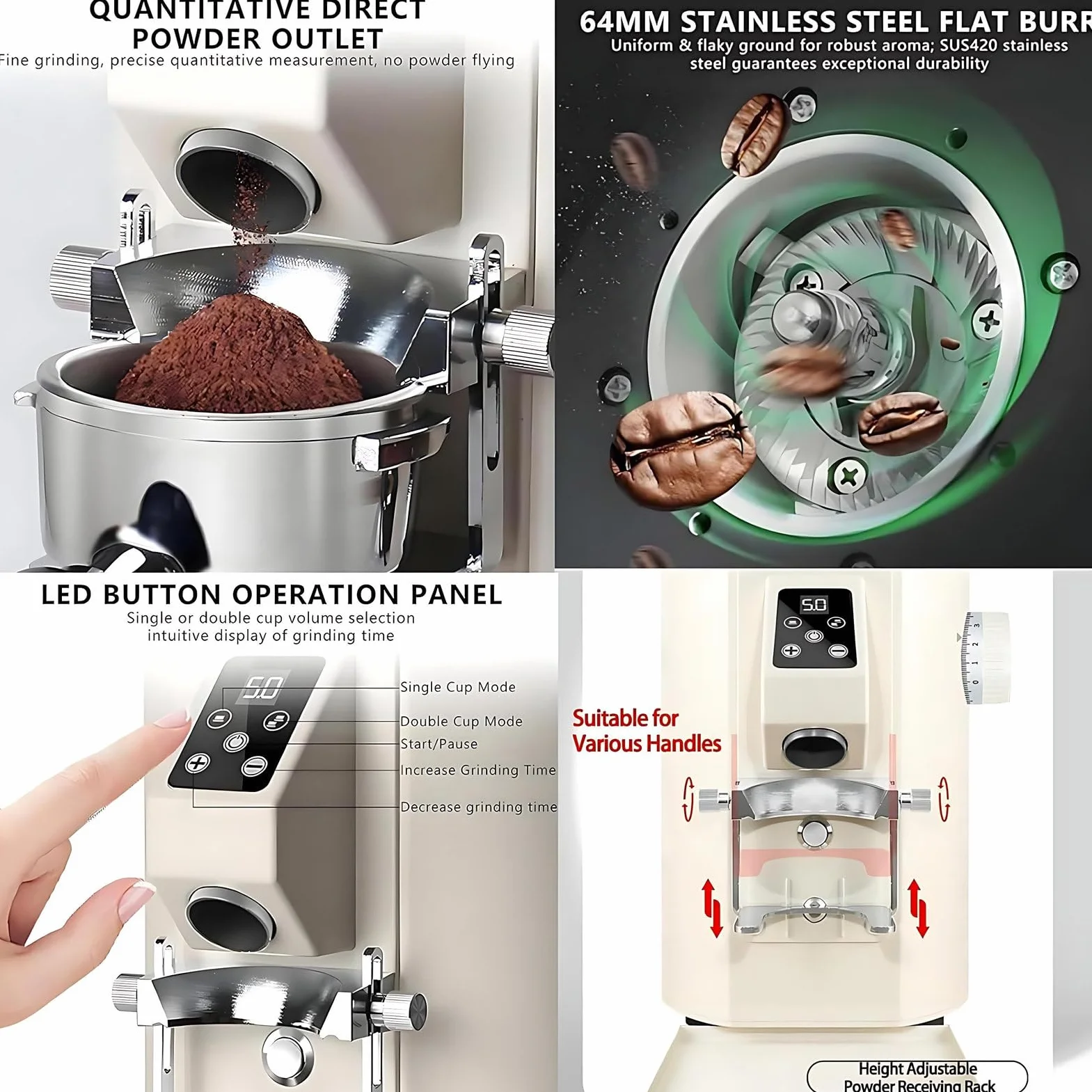 Molinillo De Café Profesional: Molinillo De Café Expreso De Muelas Planas De 64 Mm De Calidad Comercial Con 9 Ajustes De Precisión, Portafiltros, Para Molienda Regular Y Cuantitativa Ajustable Black