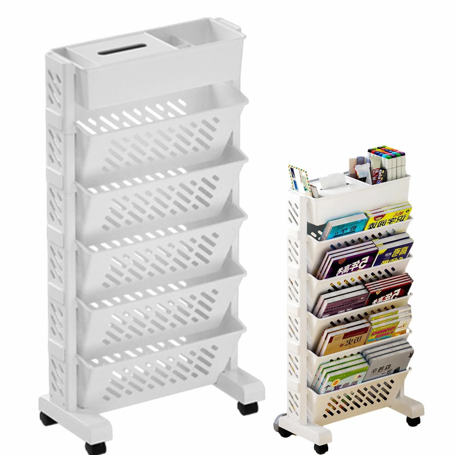Estantería Móvil, Carrito De Estantería Móvil De 6 Niveles Con Ruedas, Revistero, Carritos De Libros Con Ruedas, Estantería Extraíble Multifuncional, Estante De Organización Rodante Compacto Y Práctic