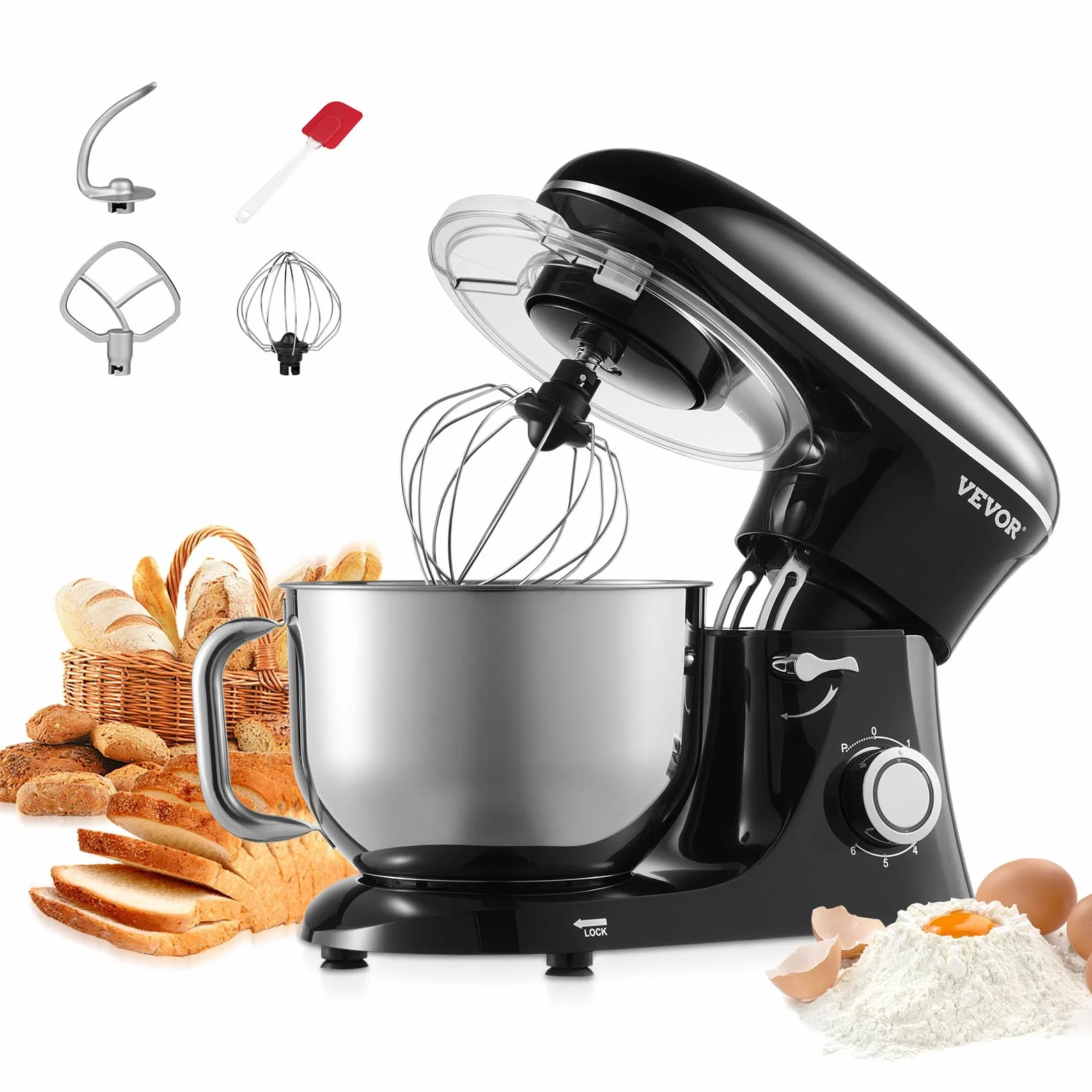 VEVOR Batidora de Masa de 5,68 L, Batidora de Alimentos con Cabezal Inclinable de 1400 W y 6 Velocidades, Tazón de Acero Inoxidable, Gancho para Masa, para Hornear, Mezclar, Negro, 456 x 240 x 332 mm
