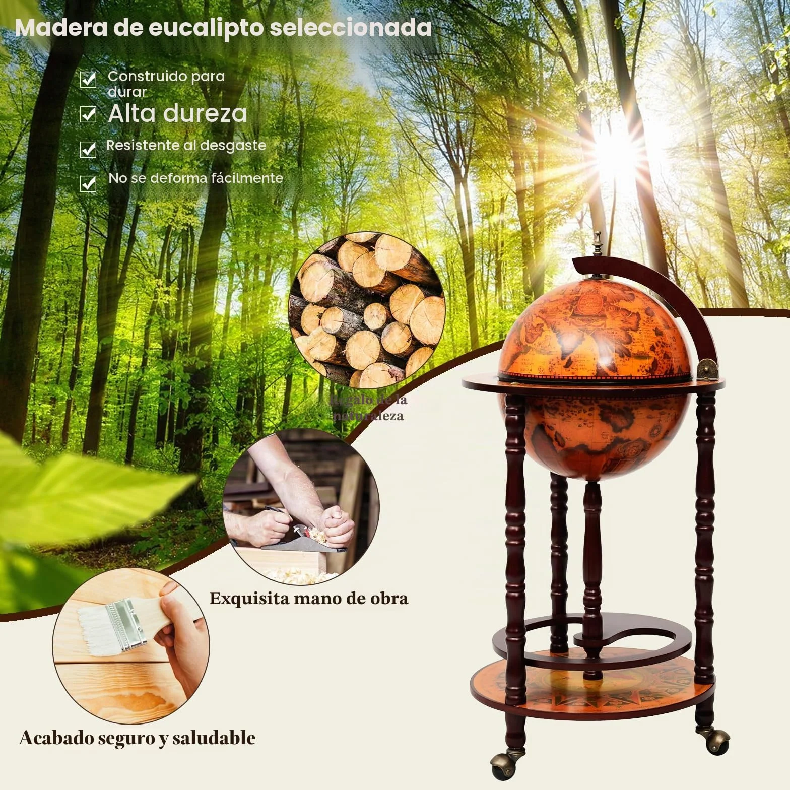KOMFOTTEU Botellero Bar Globo Terráqueo con Ruedas, Soporte para Botellas de 2 Niveles, Carrito de Bar de Madera, Mueble Minibar para Bebidas, para Restaurante, Fiesta (Marrón, 45 x 45 x 88 cm)