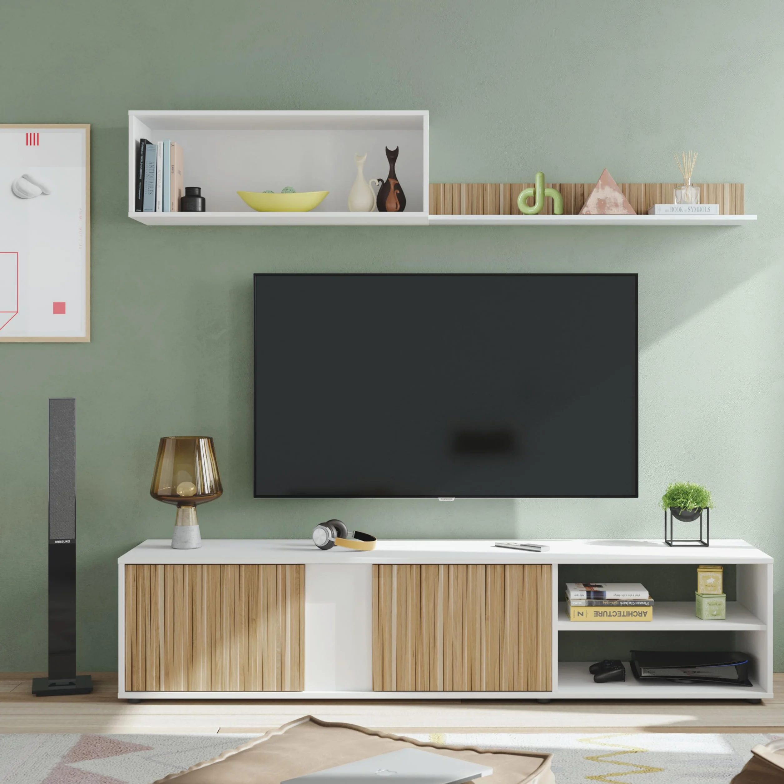 duehome | Conjunto Reversible de Salon, Mueble de TV, Modulos de Comedor, Modelo Alix, Acabado en Blanco Artik y Natur, Medidas: 180 cm (Largo) x 33 cm (Fondo) x 40 cm (Alto)