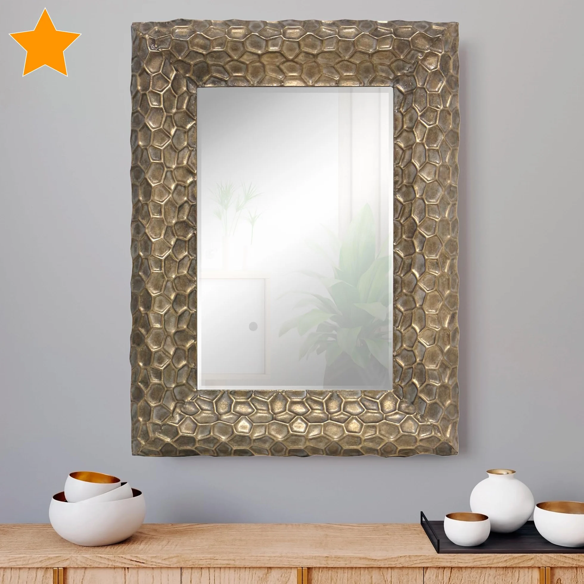 Espejo Rectangular de Metal Oro Patinado Filipinas, 60x80 cm Exterior | Luna Biselada, Para Salón, Baño y Entradita.