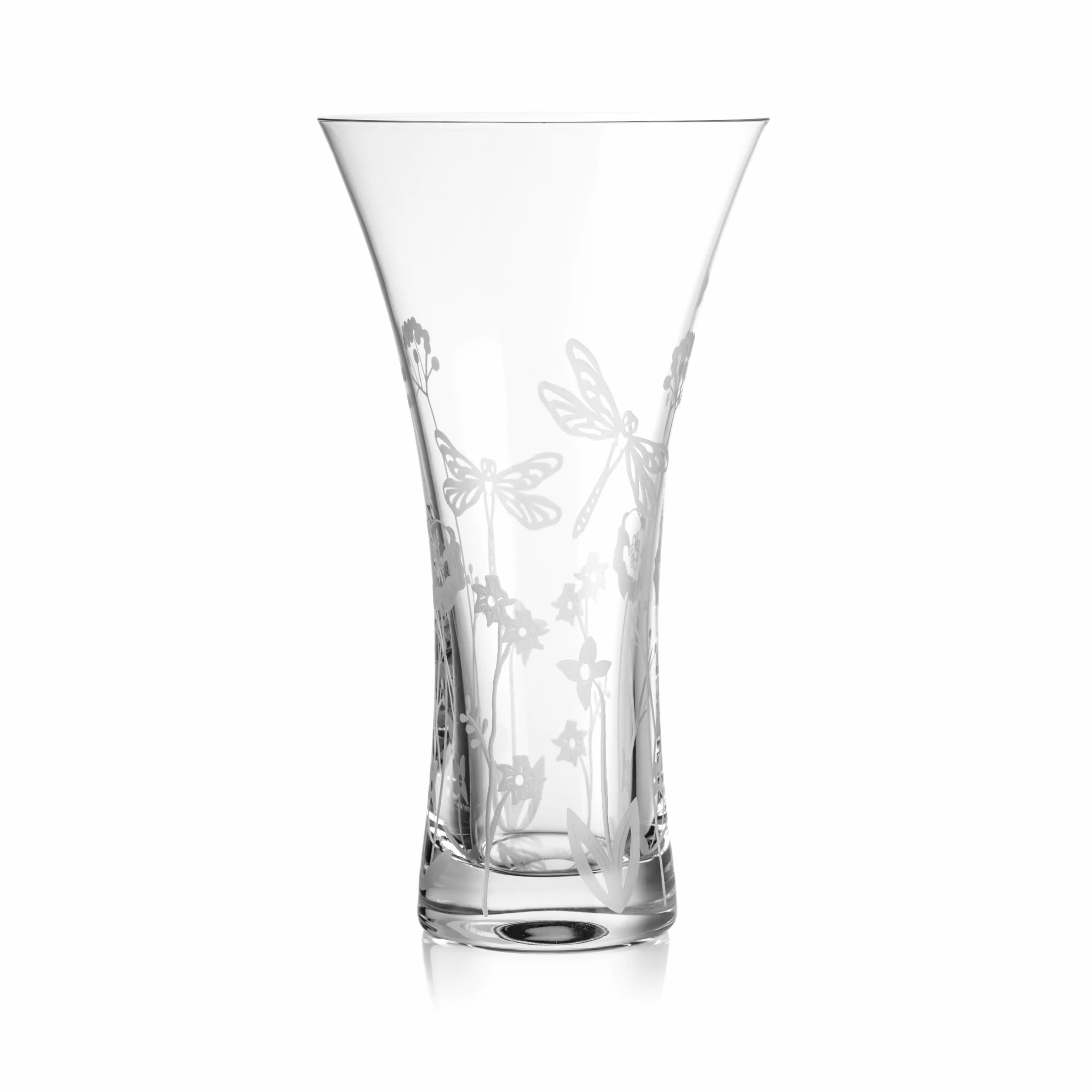 DIAMANTE Jarrón de cristal con diseño de libélula, cortado a mano, diseño floral de vida silvestre, 25 cm, en caja de regalo
