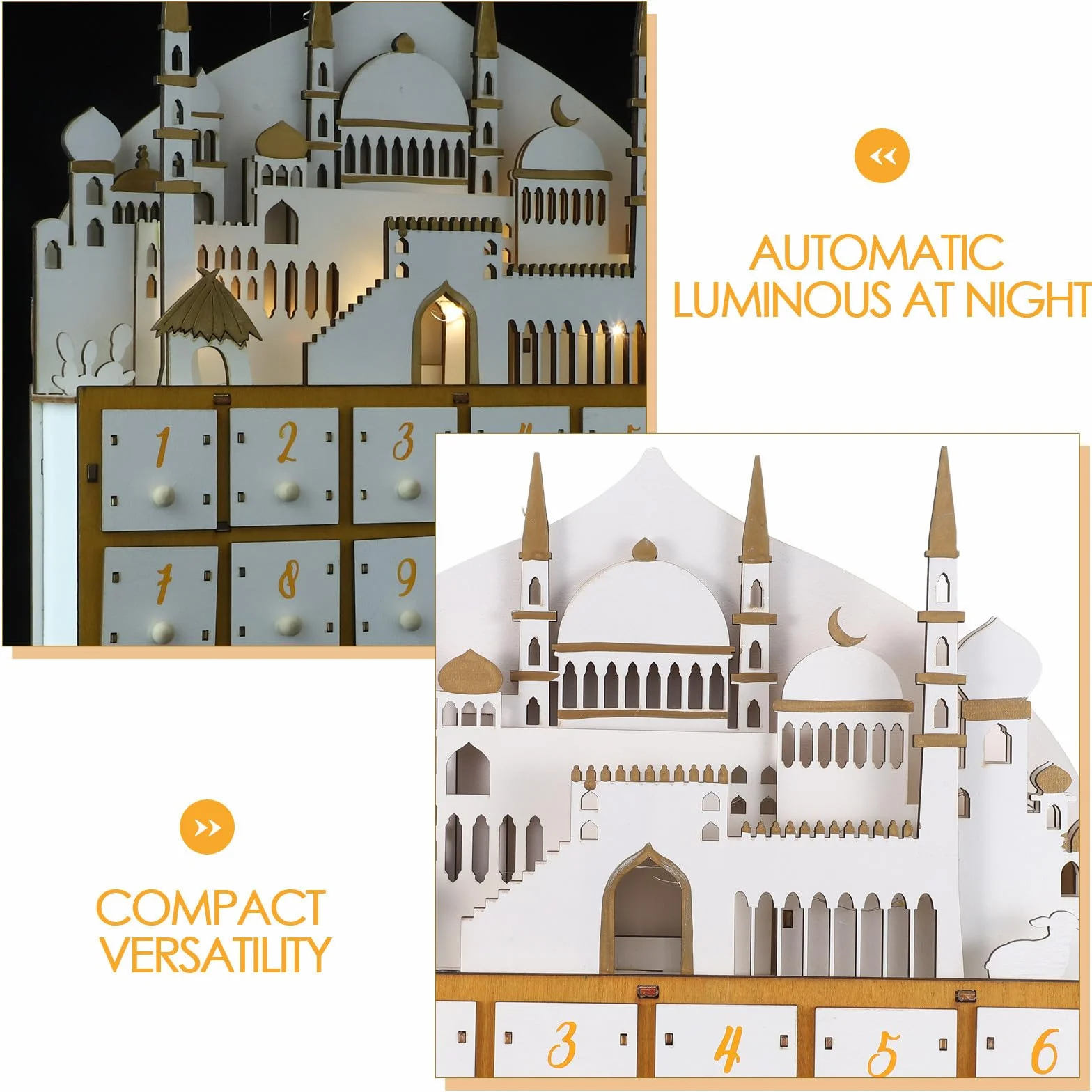 TOYANDONA Calendario de Adviento para Ramadán con Luz LED y 30 Cajones de Madera, Organizador de Escritorio Adecuado para Fiestas y Decoraciones de Ramadán