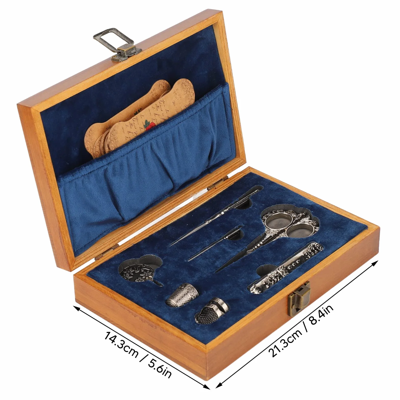 Juego de tijeras de bordado vintage, kit de tijeras de costura de acero inoxidable, caja de costura retro de madera con herramientas de bordado multifuncionales para coser, tejer y (Plata)