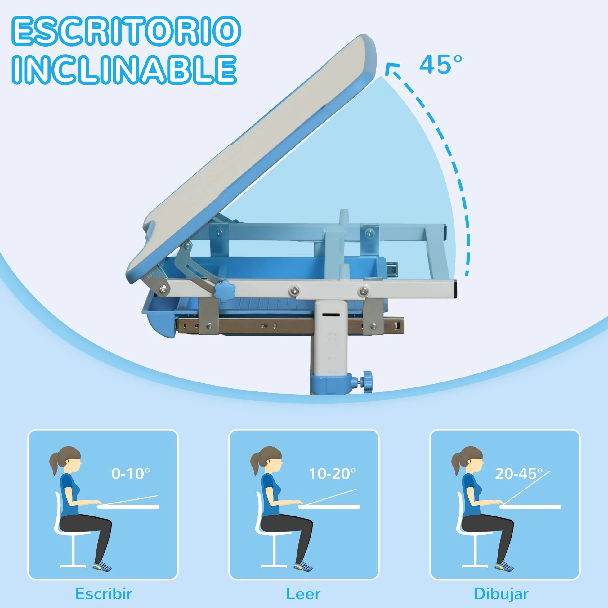 HOMCOM Pupitre Infantil 2 en 1 Escritorio y Silla Ajustable para Niños +6 Años Mesa Regulable Ángulo Bandeja Deslizante 66x47x77 cm Azul