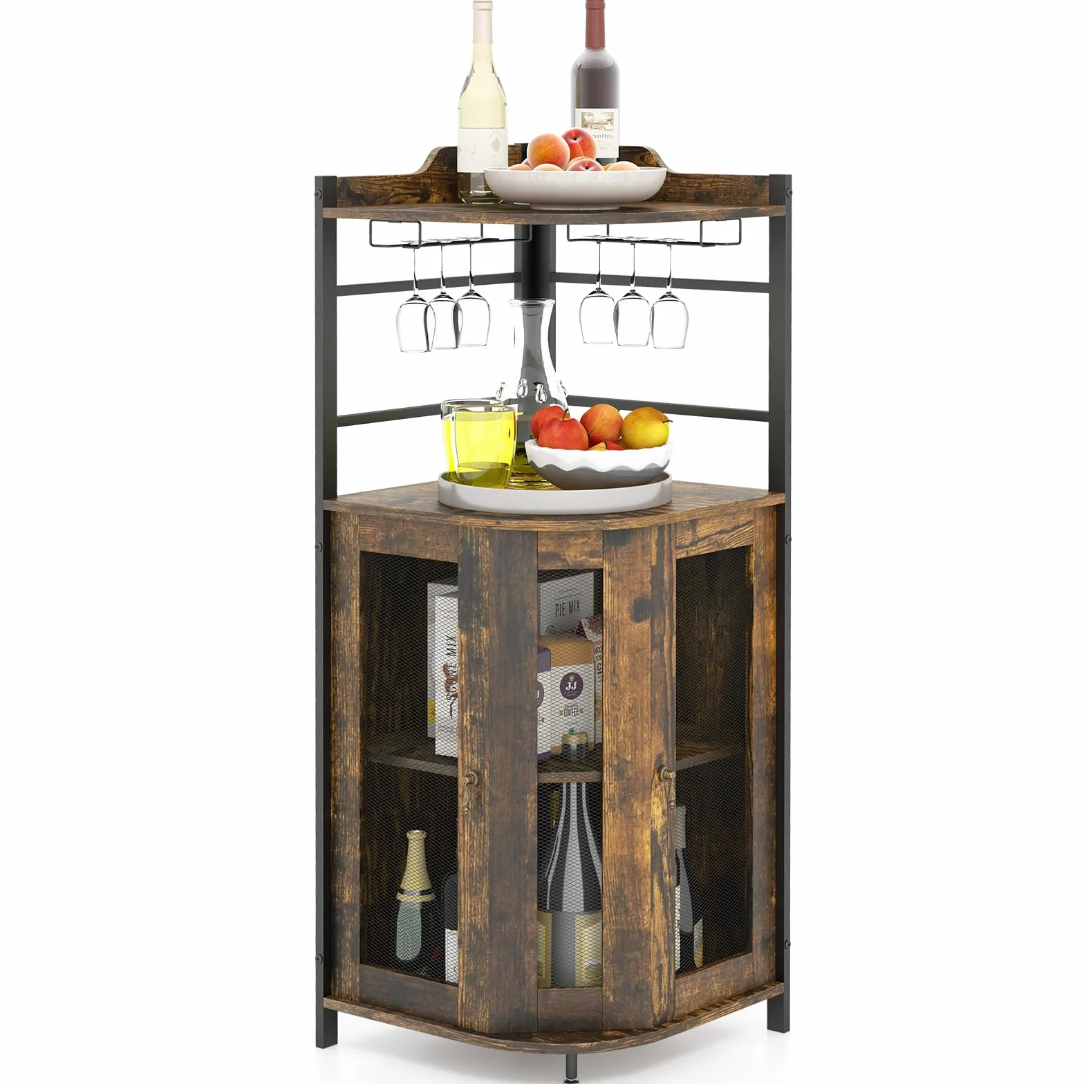 GIANTEX Armario de Vino Esquinero con Puertas de Malla Metálica, Estantería de Almacenamiento con Soporte para Copas de Vino, Estante Ajustable, Aparador para Bar, Comedor, Salón (Marrón Oscuro)
