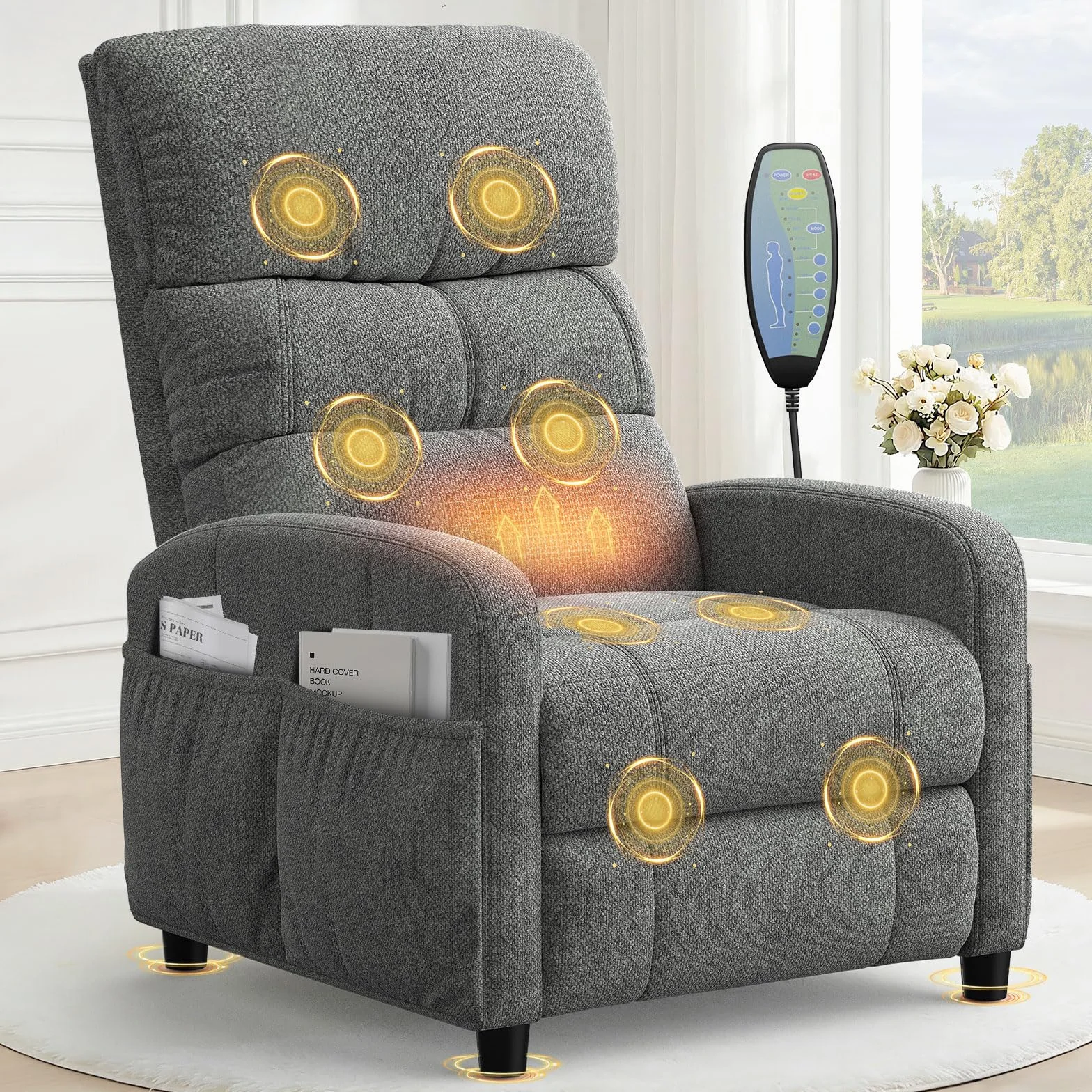 YONISEE Sillón Relax Reclinable Manual con Masaje y Calefacción, 4 Bolsillos Laterales, Sillones para el Salón Acolchado con Reposapiernas Ajustable y Funciones de Reclinación