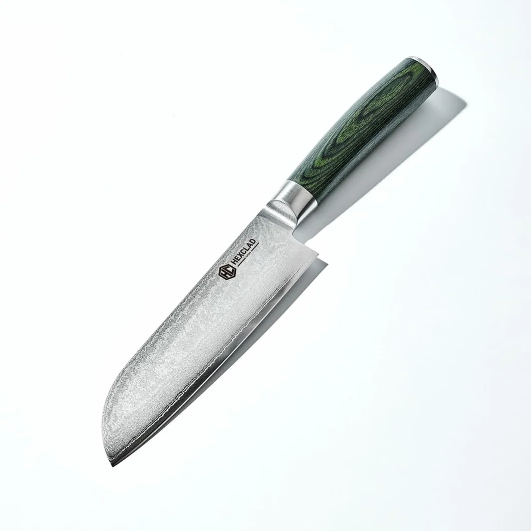 HexClad Cuchillo Santoku de 18 cm, Hoja de Acero Inoxidable de Damasco Japonés, Mango de Madera de Pakka