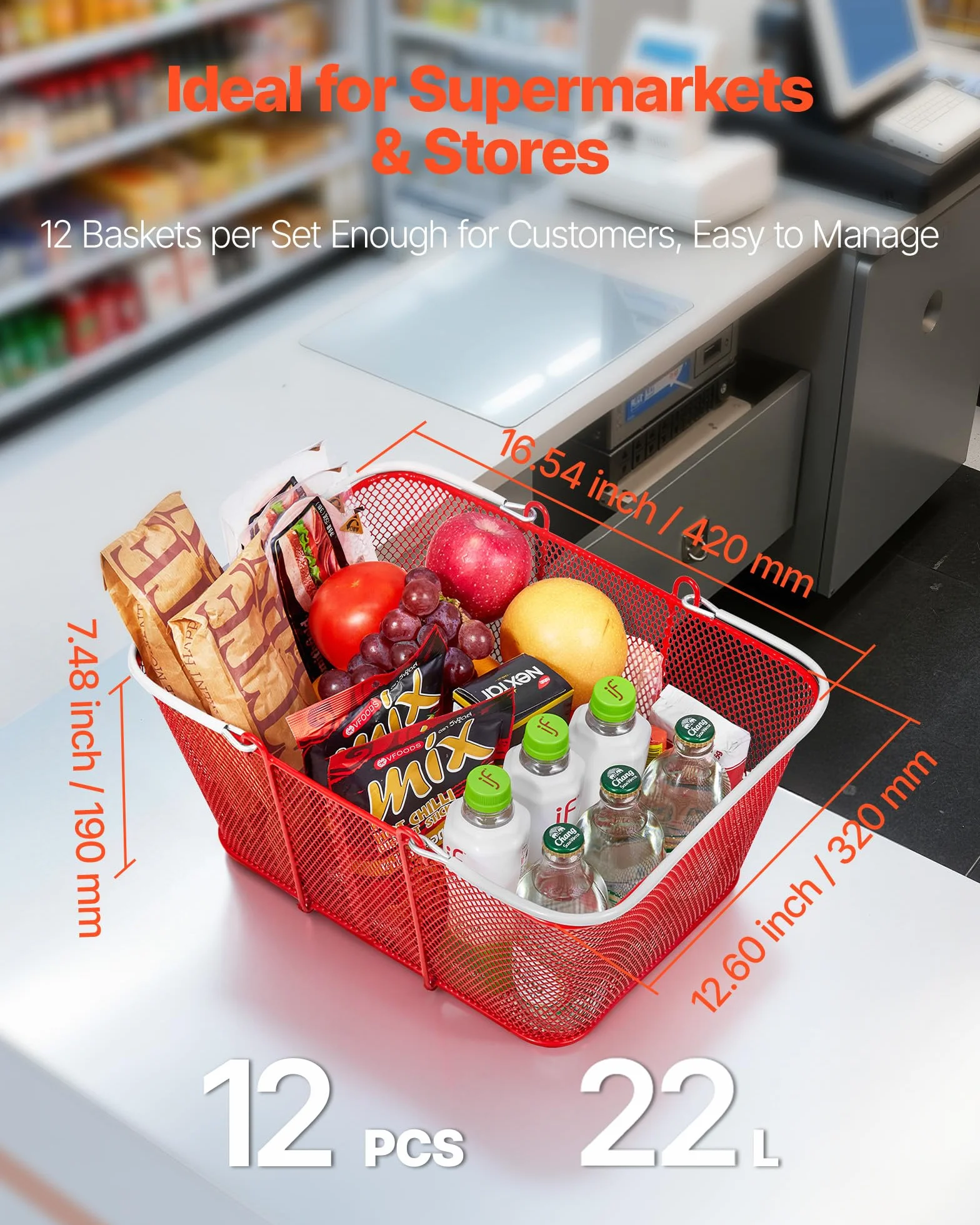 VEVOR Cestas de Compra con Asas 12 Piezas 42 x 32 x 19 cm, Apilables, de Metal, Estructura de Malla Densa, Capacidad de hasta 20 kg, para Supermercados, Tiendas, Librerías, Uso Doméstico, Rojo