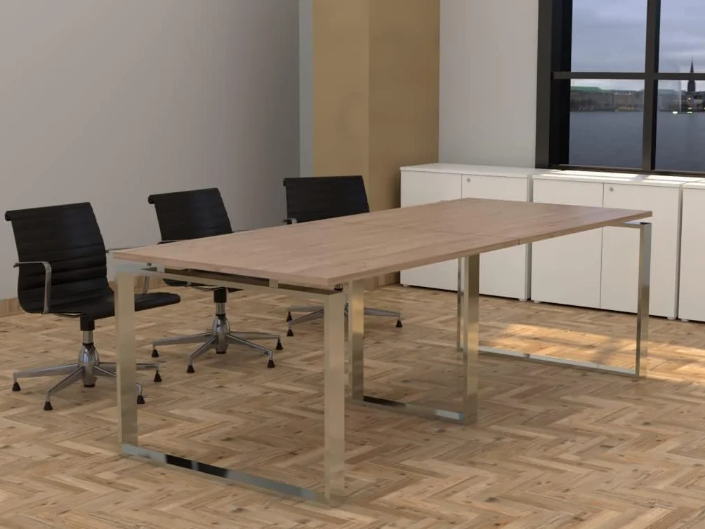 Mesa con Estructura metálica Marco Cerrado Efecto Cromo de 240x100, con pata retranqueada y Tablero melaminado Ideal para Sala de Juntas, reuniones, conferencias (Roble)