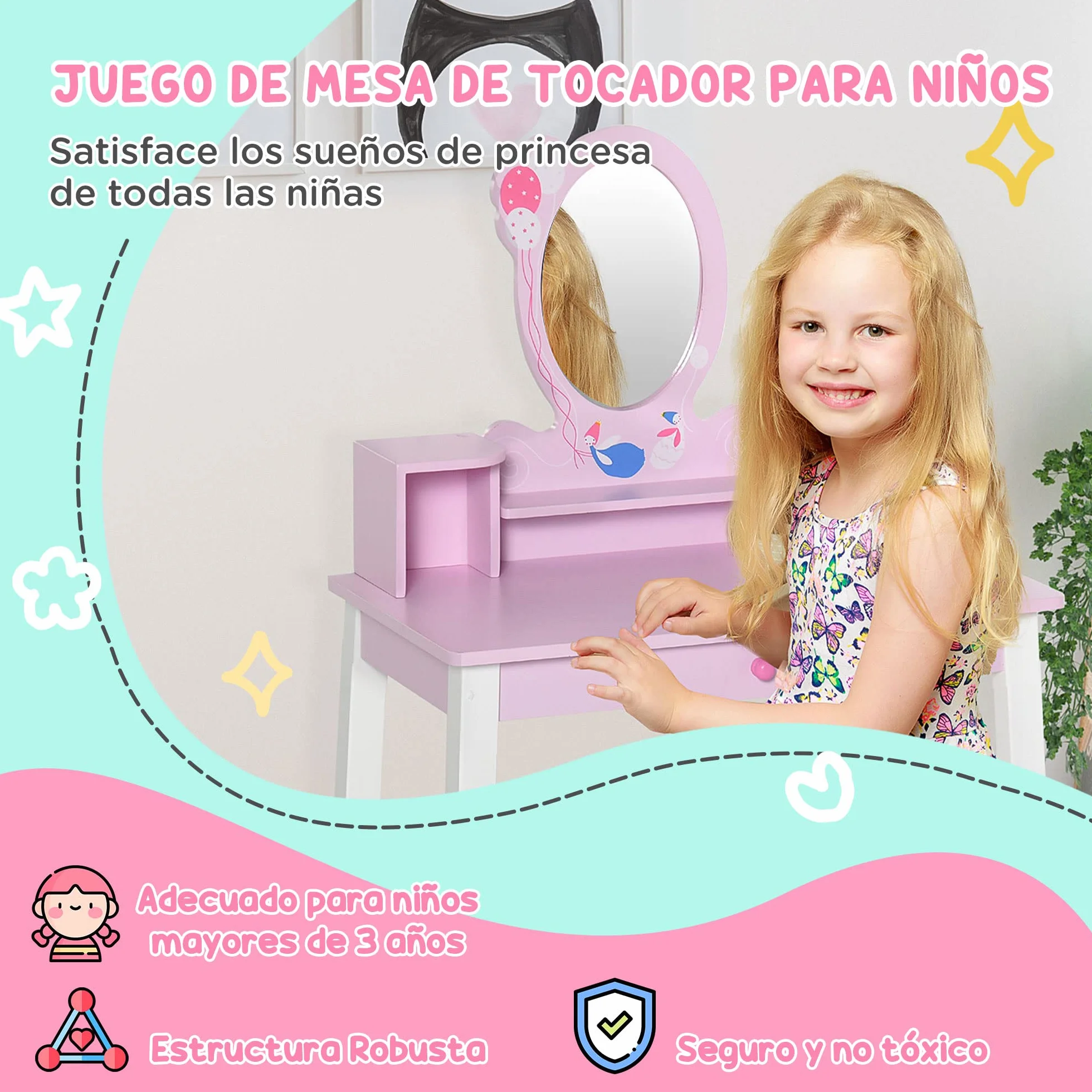HOMCOM Tocador Infantil con Taburete y Espejo Tipo Princesa Mesa de Maquillaje Madera Rosa 60x34x93 cm