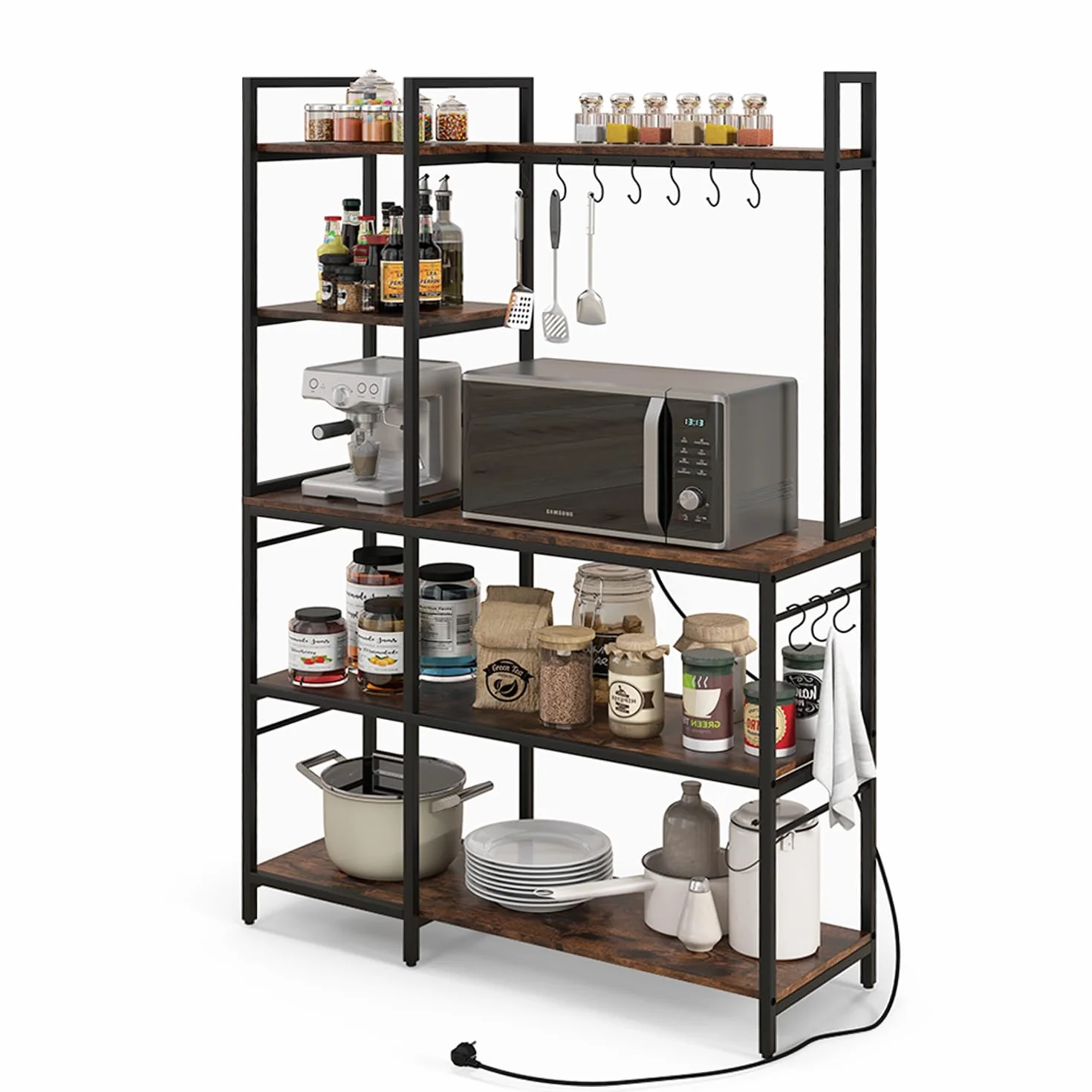 GOPLUS Estantería de Cocina con 5 Estantes y 10 Ganchos, Estante Ahorrador de Espacio para Microondas, Estante Multiusos para Panadería con 6 Patas Regulables, Estilo Industrial, 107 x 37 x 160 cm