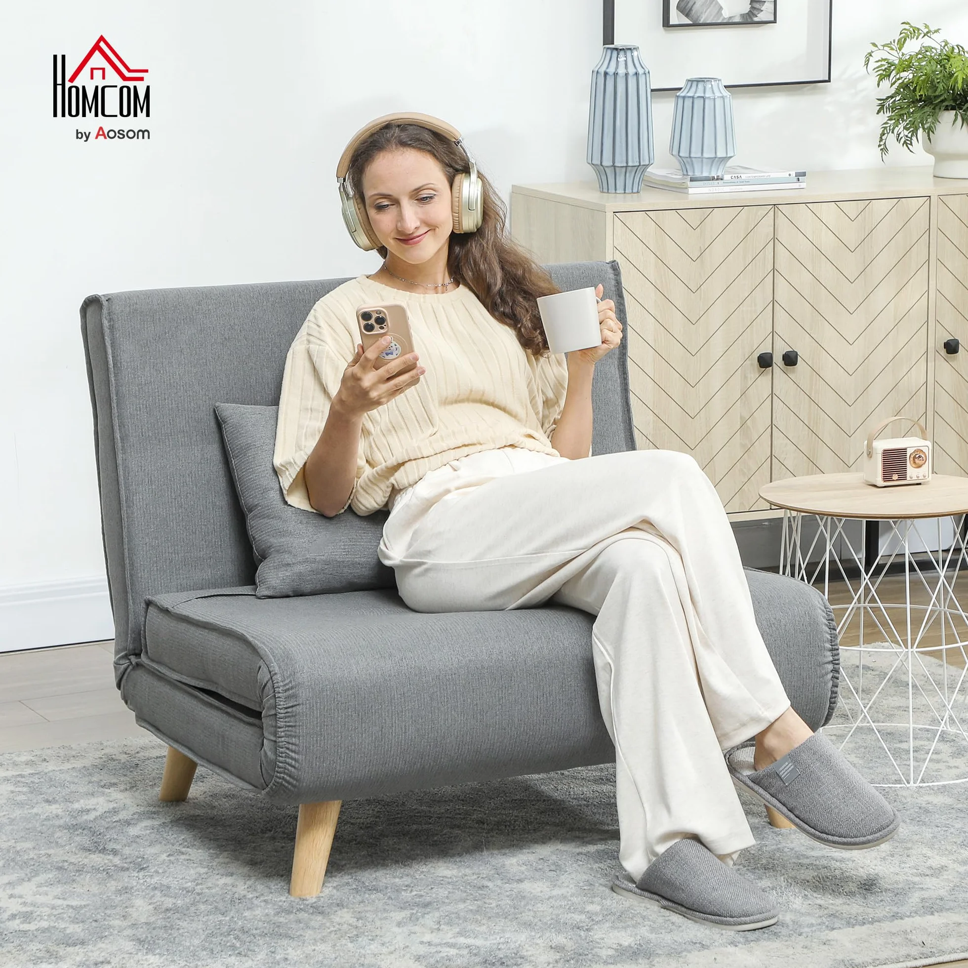 HOMCOM Sofá Cama de 1 Plaza 3 en 1, Sillón Cama Plegable Tapizado en Lino Sintético, con Respaldo Ajustable en 6 Niveles, Almohada, Asiento Ancho, Patas de Madera, 90x78x79 cm, Gris