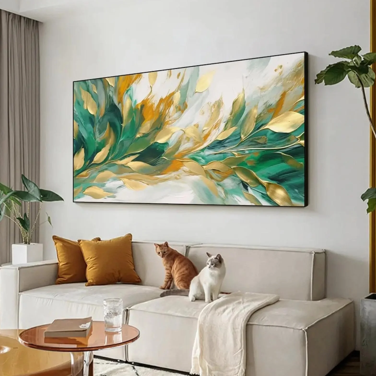 Cuadro abstracto de hojas modernas grandes sobre lienzo, decoración artística dorada, planta verde, pintado a mano, arte de pared para sala de estar, 70 x 140 cm (28 x 55 pulgadas), con marco dorado.