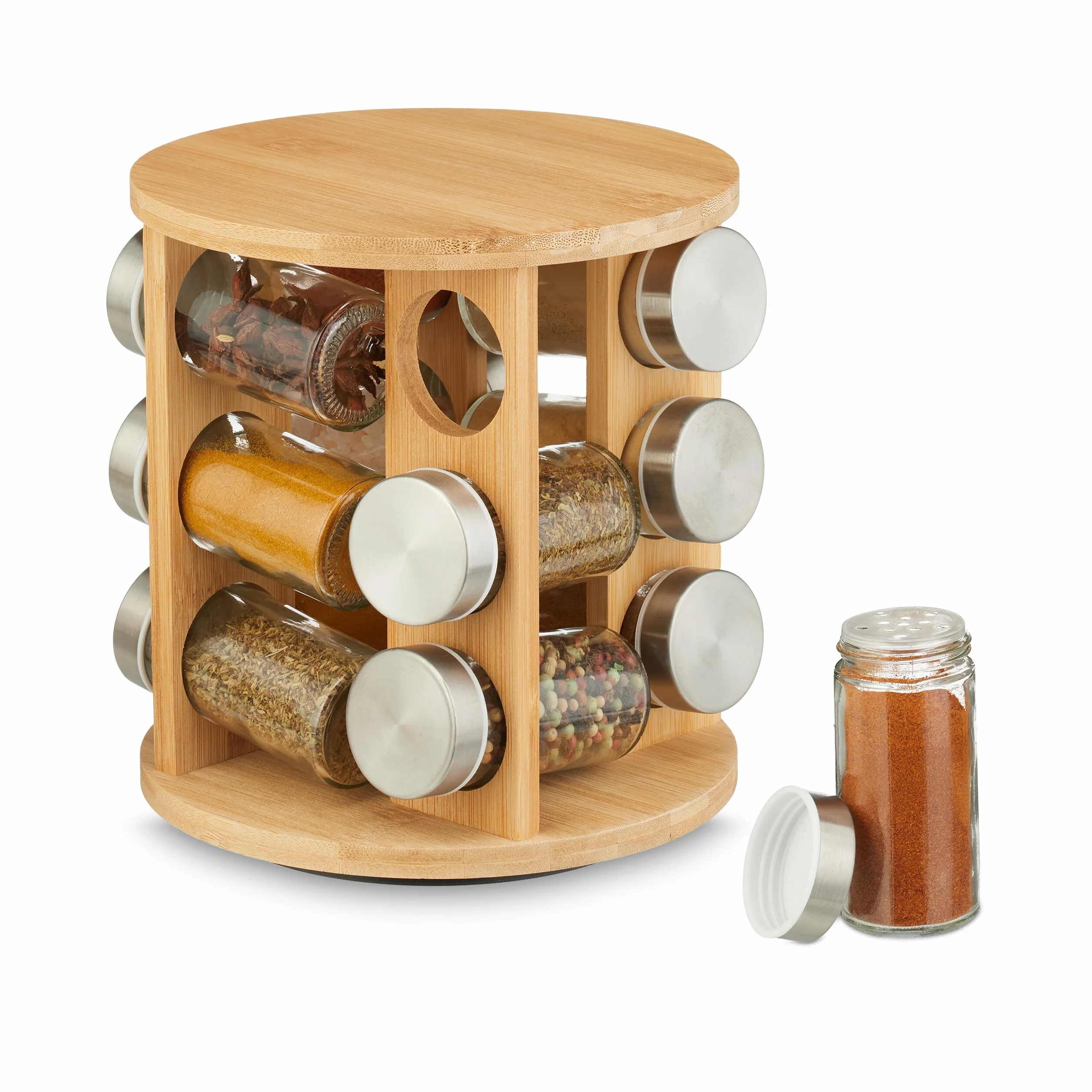 Relaxdays Especiero para Cocina, 12 Tarros, Giratorio 360°, Bambú, Estante de Especias, Hierbas, 21 x 21 cm, Natural