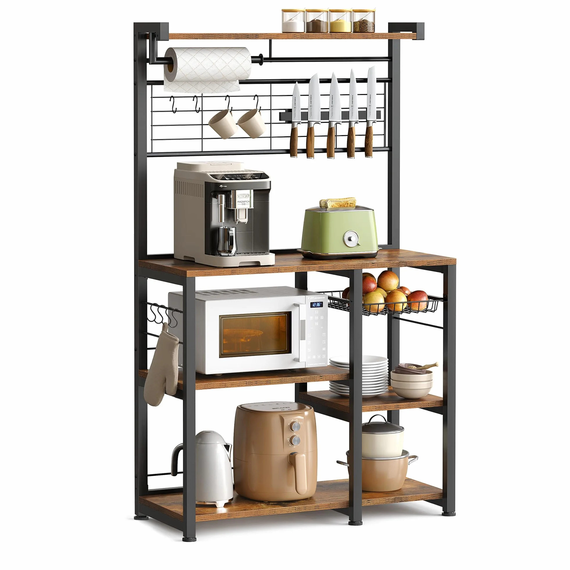 VASAGLE Estantería de Cocina, Soporte para Panadería, Isla de Cocina con Tira Magnética de Cuchillo, Cesta de Alambre, Soporte de Papel, 12 Ganchos, Marrón Rústico y Negro KKS026B01