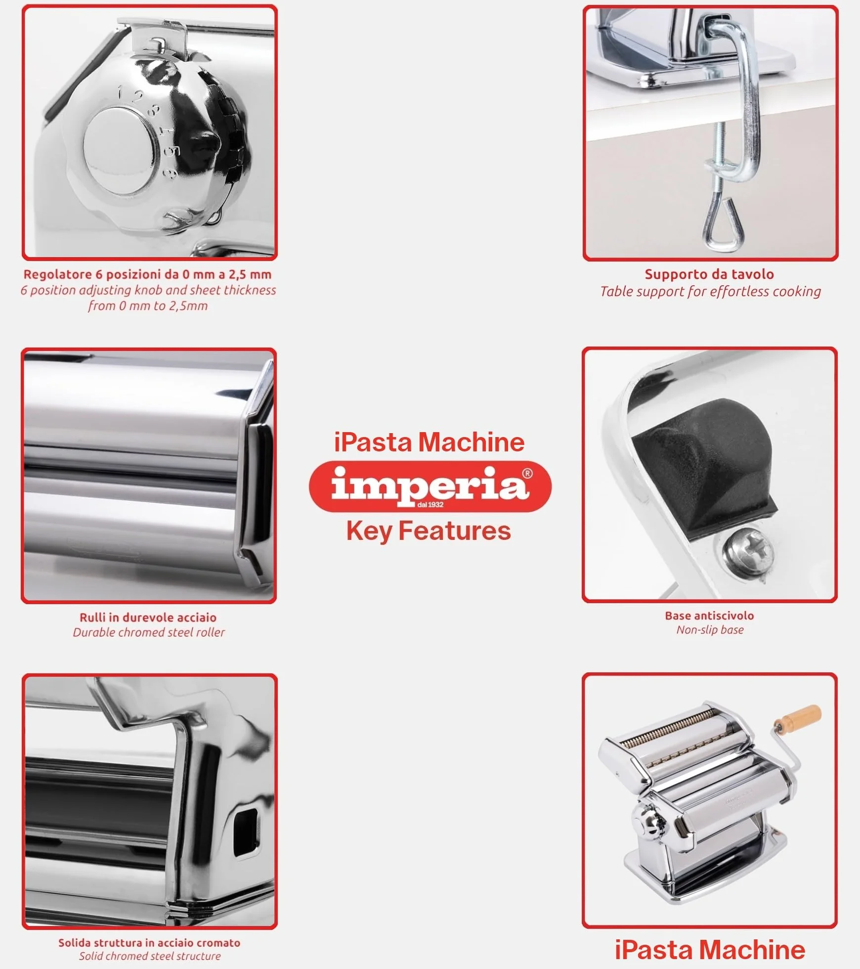 mperia IPASTA Línea Imperia. Máquina para pasta 100% fabricada en Italia. Máquina para pasta fresca de acero. Laminadora manual con manivela para lasaña, tagliolini y fettuccine. Cromada.