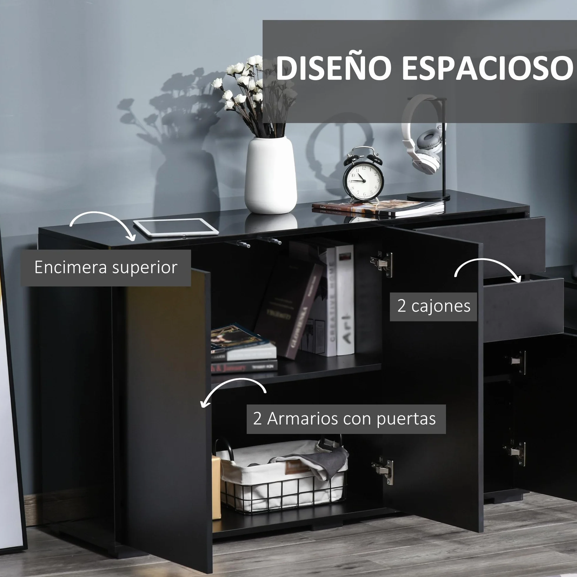 HOMCOM Aparador para Salón Aparador de Entrada con 3 Puertas 2 Cajones y Estante Ajustable Armario de Almacenamiento para Cocina Sala 117x36x74 cm Negro